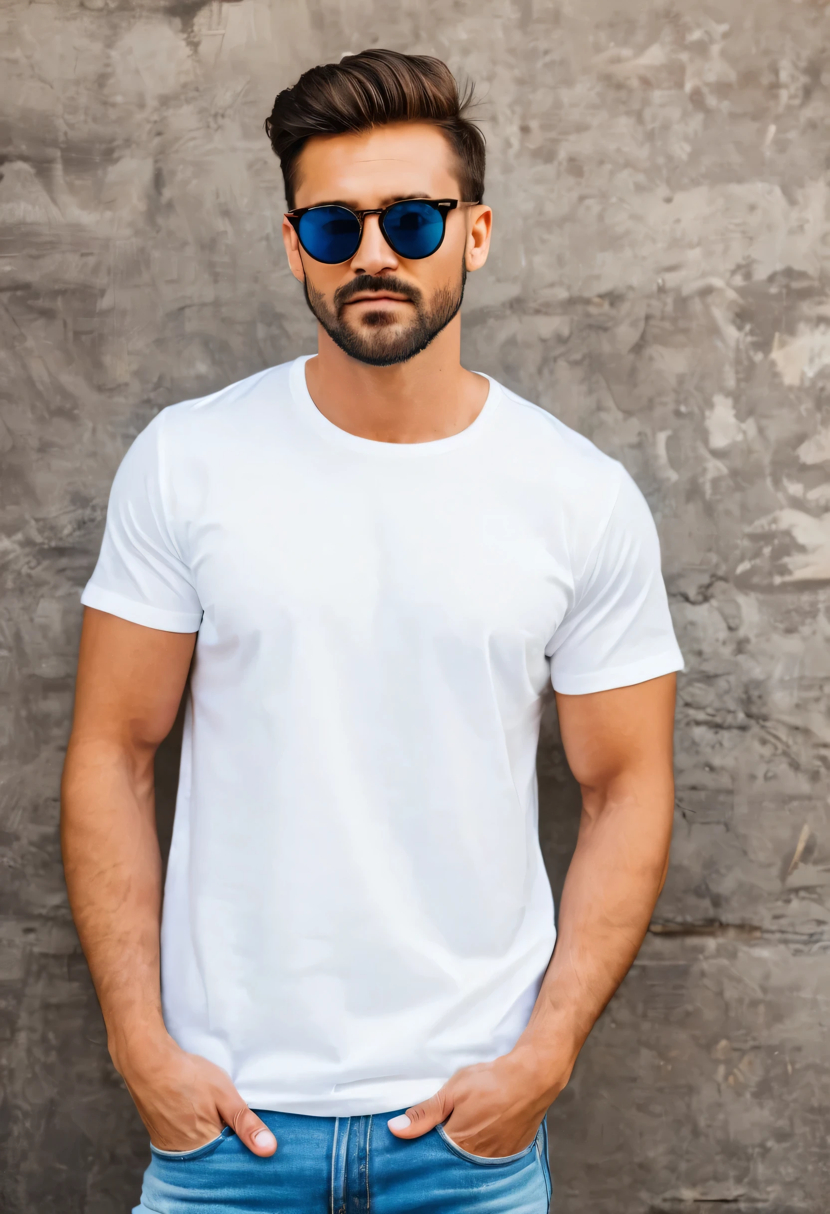 A man wearing white color t-shirt, plain clean white T-shirt, blue jeans, black sunglass, handsome man, mockup, polyester and cotton fabric, front view, white t-shirt, bohemian background, boho, half sleeve white t-shirt, crew neck design, bohemian, cowboy
