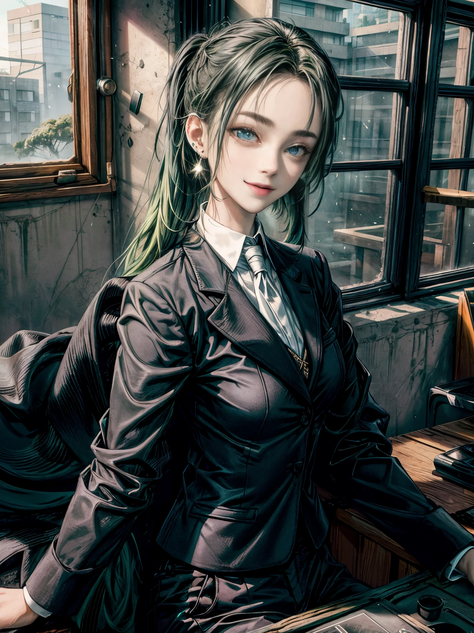 cinematic lighting、highest quality,cyberpunk world、1 female、Black theme、(19 year old beautiful woman、petite、small breasts、slender body、blue eyes)(black and green hair、pigtail hairstyles、shoulder length hair:1.2)(Greet with a smile、fine:1.4)、BREAK.Bright contemporary office style BREAK with natural light
(Black color blazer:1.4) paired with (dark Gray slim trousers:1.2) and (White color shirt👔:1.2) Accessorized with (light green a lilac silk scarf:), (opal stud earrings:1.1)
BREAK.(reinforced concrete building、bright stylish office、modern japanese setting、light shines through the window、Before reception:1.3)(Moss green hair)