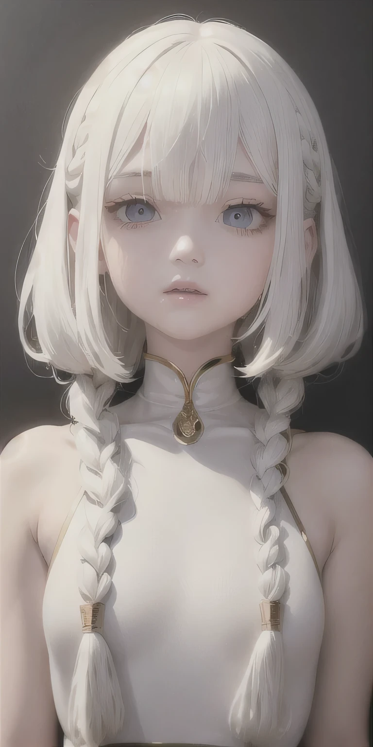 best quality, masterpiece,white hair, gold eyes,white clothes, looking up, upper body,hair strand,Fair skin,side braids