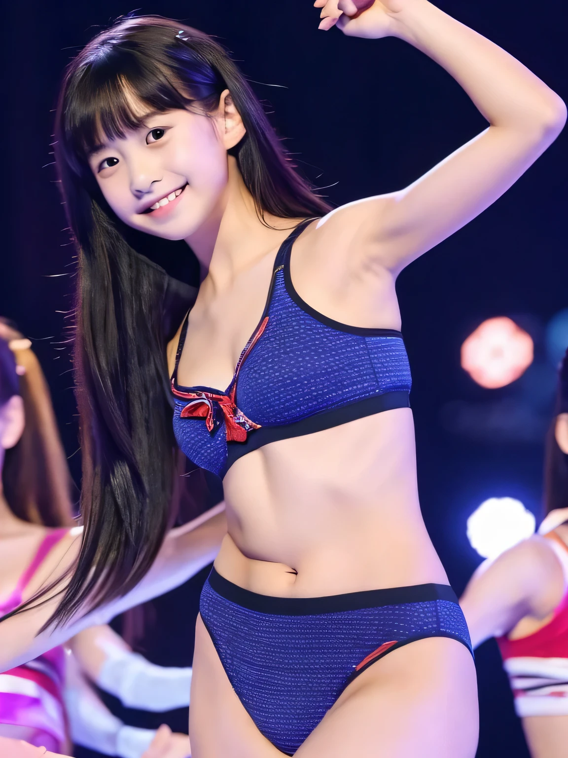 High level image quality、High resolution、10 year old girl、young look、、Japanese、beautiful girl、Idol、dance on stage、No microphone、 Appeal pose、sexy underwear、obscene pose、provocative look、Photographed from directly below、open crotch、