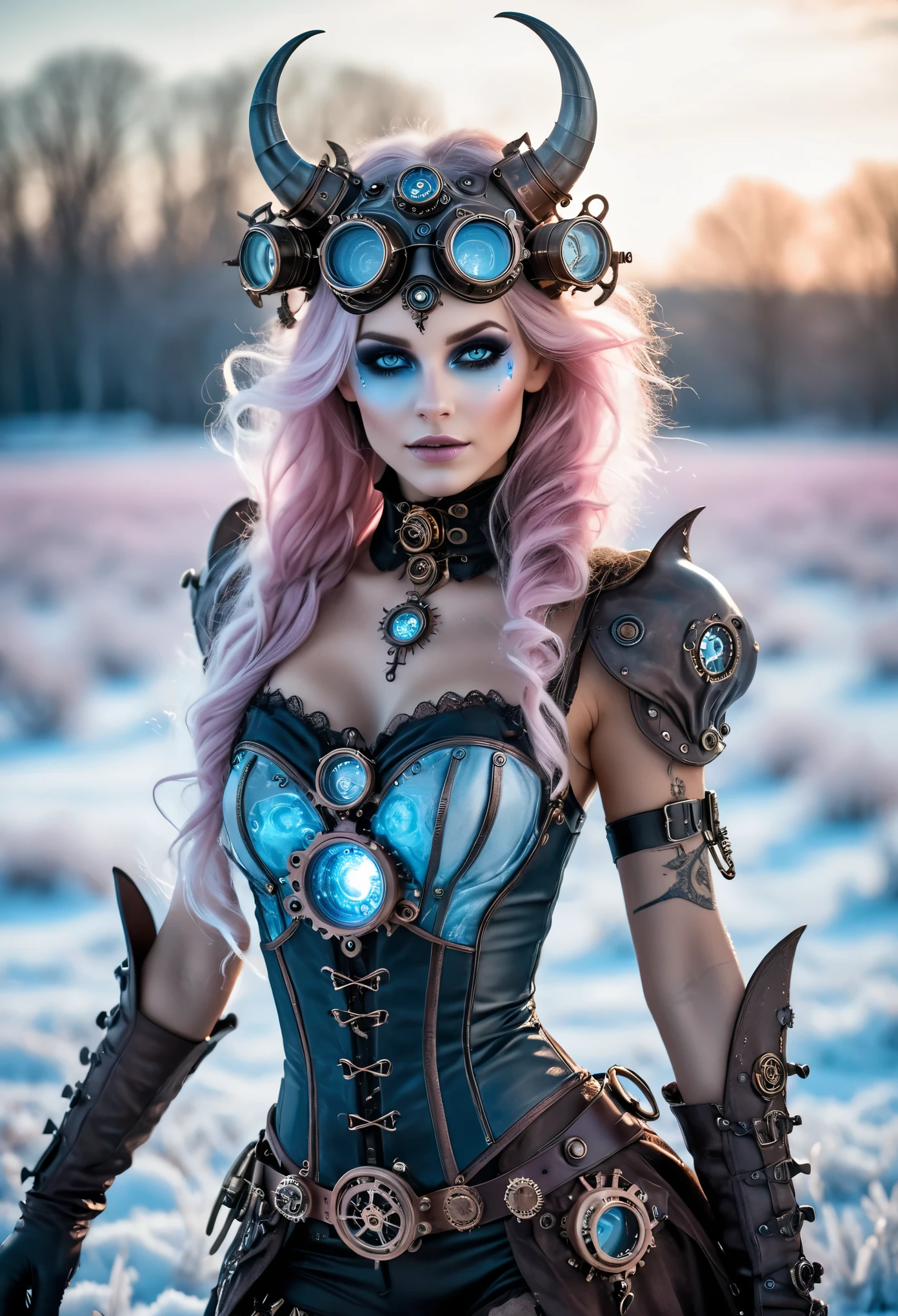 photo shot on Nikon D850, 16k, full body shot, masterpiece, Detailed, breathtaking, atmospheric perspective, diffusion, natural skin texture, DSLR, 80mm Sigma f2, depth of field, film grain, intricate natural lighting,  beautiful steampunk demon with icy blue and white lighting standing in icy field, topless, light grey and pink, energy-filled illustrations, extremely sexy, detailed face and eyes, no makeup, little smiling, highly detailed, dark fantasy aura,  faded colours. 