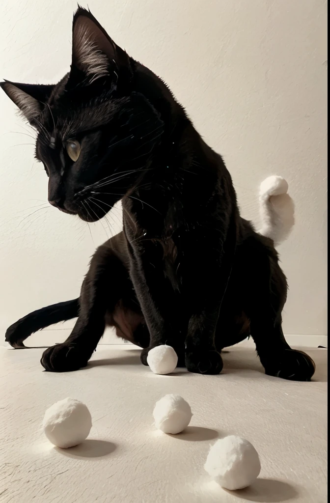 a black silhouette of a cat playing on its back with many cotton twine balls on a white background, hand drawn, cartoon style, illustration, black and white only, no shadows, low detail