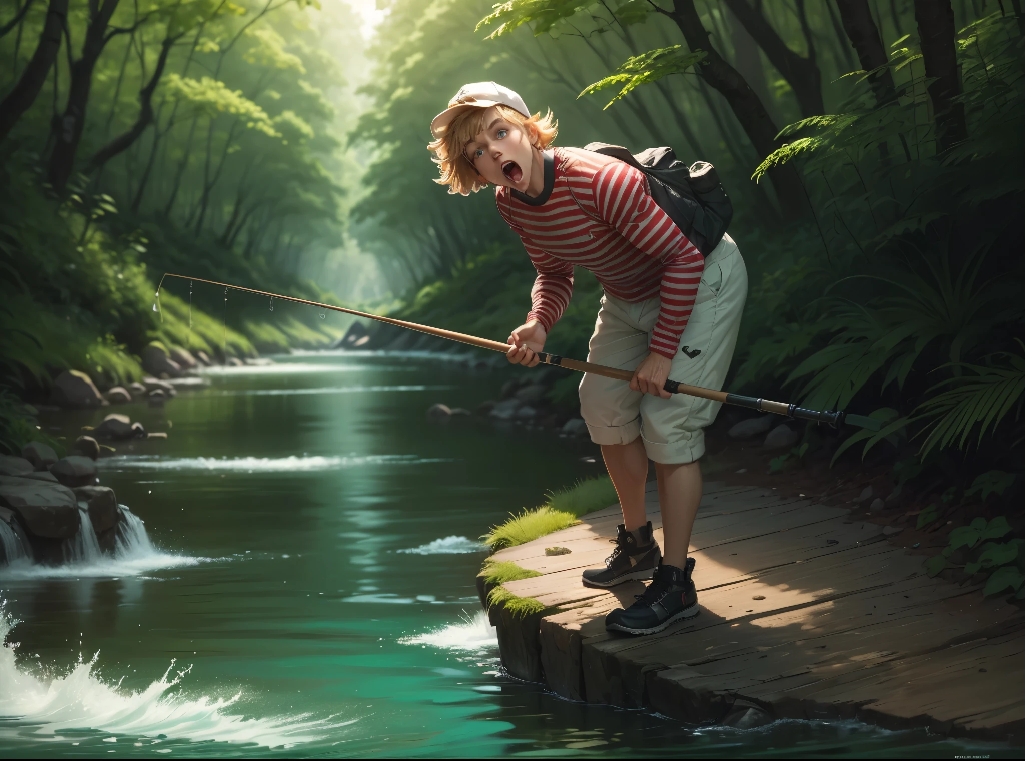Masterpiece, detailing, oil painted cartoon, Cute preppy Fisherman (Clown buff in makeup) with fishing rod in hand, bent over, surprised, screaming, white makeup, (big round red nose), wading boots, polka dot shorts, river and greenery in background