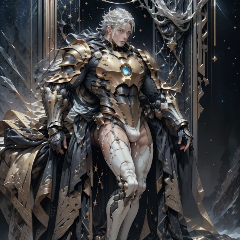 MALE BOY. Use plate armor, intricate design and details, dramatic ligths, Ultra-realistic realism, Kinematic,8k. A handsome muscular young man, (1 man) perfectly proportioned slim body, with luminous golden hair and golden eyes resembling stars, standing at a height of 2 meters. He wears an armor made of unrefined black crystals that seem to contain a galaxy inside, fitting the body of him. He adopts a heroic pose, Look down from the top of a mountain with a serene gaze, while watching an army of demons on the slopes of the mountain. Kinematic, luci, Detailed face. (((Male))) (Muscular male) (Handsome man) , full length shot , big hips , big thighs , big bulge ,sexy , nsfw , eroticism , overed in cum collapsed ))), (((like really excessively coated in cum))) ,((stinky)) (((mind break))) ,