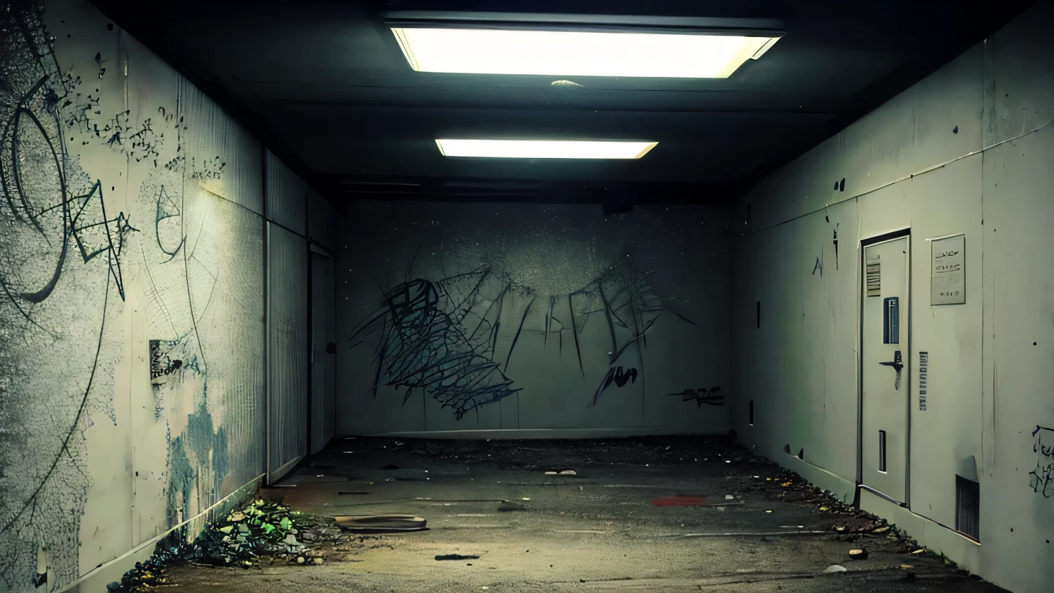 no one Dark abandoned underground parking lot at night graffitied concrete wall indoor