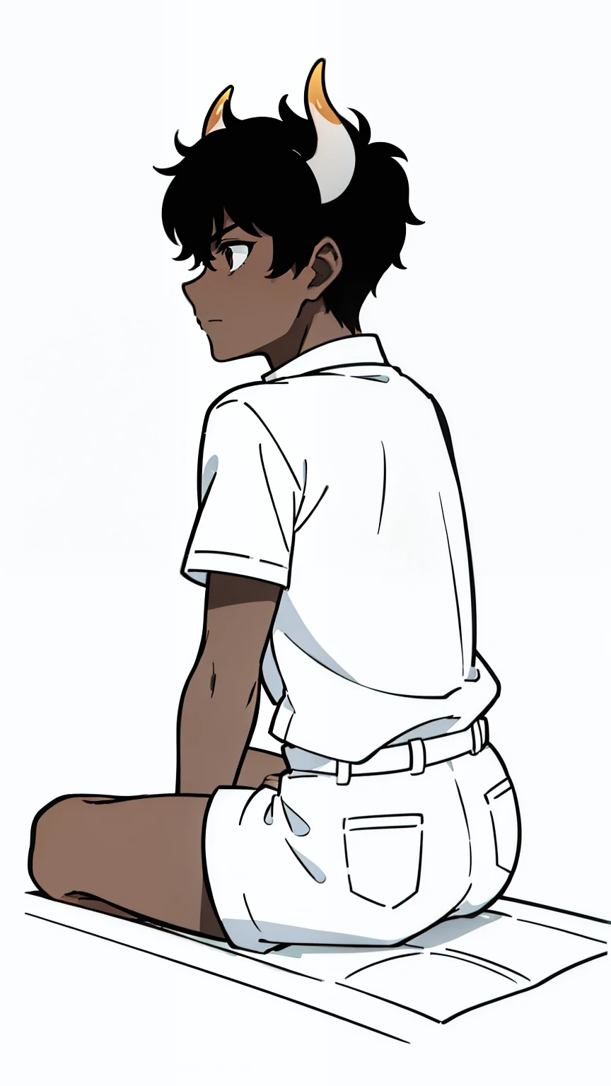 (1boy,8 years,solo),((dark skin)),white shirt,short sleeves,white shorts,black hair,elf ears,(horns),(white background,line drawing),((looking back)),sitting,(profile)