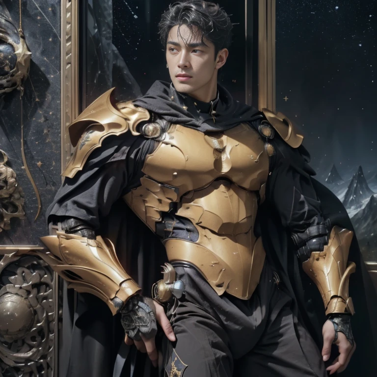 MALE BOY. Use plate armor, intricate design and details, dramatic ligths, Ultra-realistic realism, Kinematic,8k. A handsome muscular young man, (1 man) perfectly proportioned slim body, with luminous golden hair and golden eyes resembling stars, standing at a height of 2 meters. He wears an armor made of unrefined black crystals that seem to contain a galaxy inside, fitting the body of him. He adopts a heroic pose, Look down from the top of a mountain with a serene gaze, while watching an army of demons on the slopes of the mountain. Kinematic, luci, Detailed face. (((Male))) (Muscular male) (Handsome man) , full length shot , big hips , big thighs , big bulge ,sexy , nsfw , eroticism , overed in cum collapsed ))), (((like really excessively coated in cum))) ,((stinky)) (((mind break))) ,