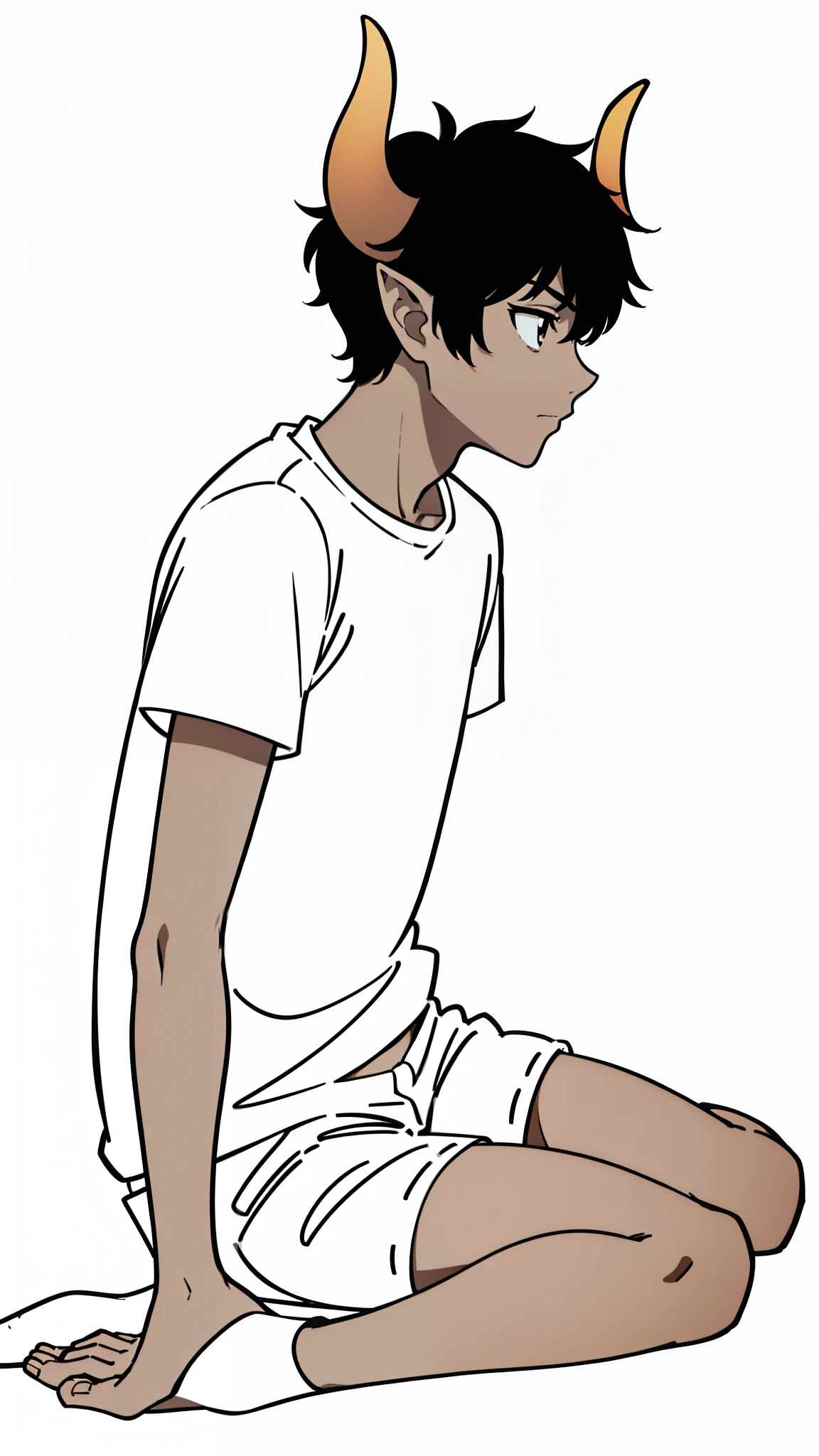 (1boy,8 years,solo),((dark skin)),white shirt,short sleeves,white shorts,black hair,elf ears,(horns),(white background,line drawing),sitting,profile