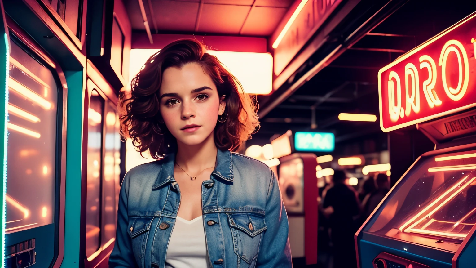 (best quality,4k,8k,highres,masterpiece:1.2),ultra-detailed,(realistic,photorealistic,photo-realistic:1.37),Emma Watson,80s,vintage,luminous colors,soft focus,warm lighting,retro glamour,girl with short curly hair,sparkling eyes,wearing a denim jacket,bold makeup,natural smile,standing in front of a neon-lit cityscape,faded pastel colors,retro arcade machines in the background,futuristic elements,glowing holographic advertisements,dynamic energy,feeling of nostalgia,romantic atmosphere,synthetic textures,vibrant nightlife,electric energy,vintage film grain,80s pop music playing in the distance,effortlessly cool and confident,striking pose,faint hint of smoke,smell of old vinyl,air filled with excitement and anticipation.