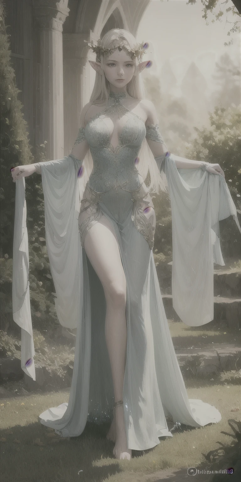 The Elven princess embodies an otherworldly kind of beauty. Imagine this: Face: Flawless, with skin that seems to hold the pale moonlight itself. Her features are delicate yet strong, with a perfectly sculpted jawline and high, arched cheekbones. Eyes: Large and luminous, their color reflecting the magic of the Elven realm. Maybe they're a startling emerald green, mirroring a sunlit forest, or a deep sapphire blue, like a twilight sky. Hair: Long and flowing, it could be the color of spun moonlight - a silvery blonde that shimmers with an ethereal glow. Or perhaps it's the rich brown of deep earth, adorned with braids woven with wildflowers or sparkling dewdrops. Physique: Slender and graceful, she moves with the effortless agility of a creature born of the forest. Every step is light and surefooted, hinting at hidden strength. Attire: Imagine flowing gowns fashioned from the finest silks, spun by elven spiders and dyed with the vibrant hues of wildflowers. Delicate gold filigree could adorn the edges, or perhaps leaves woven from moonlight shimmer along the hems. A crown of intricately woven vines or a circlet of polished gemstones might adorn her head.