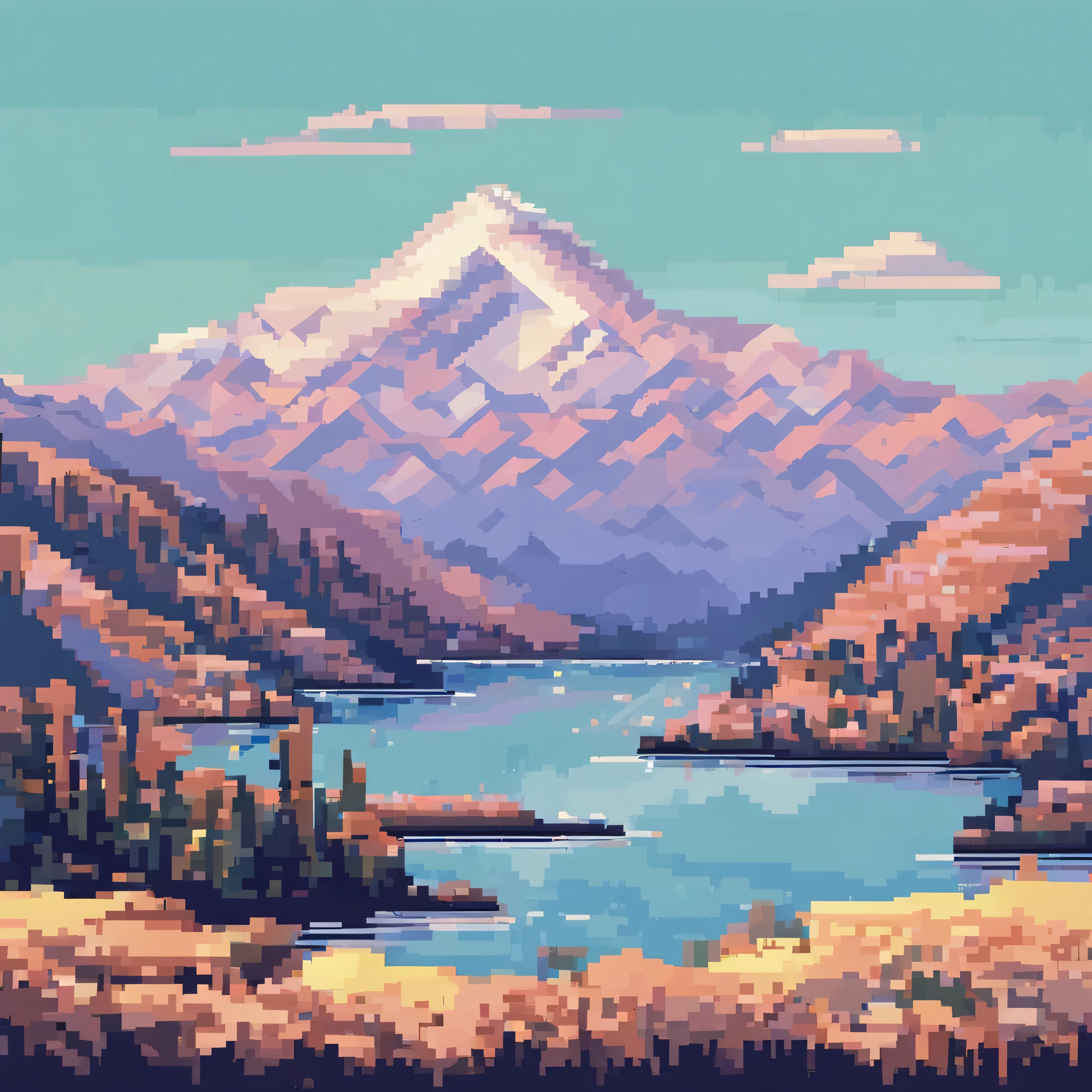 New Zealand mountain landscape with pastel colors in a deco style