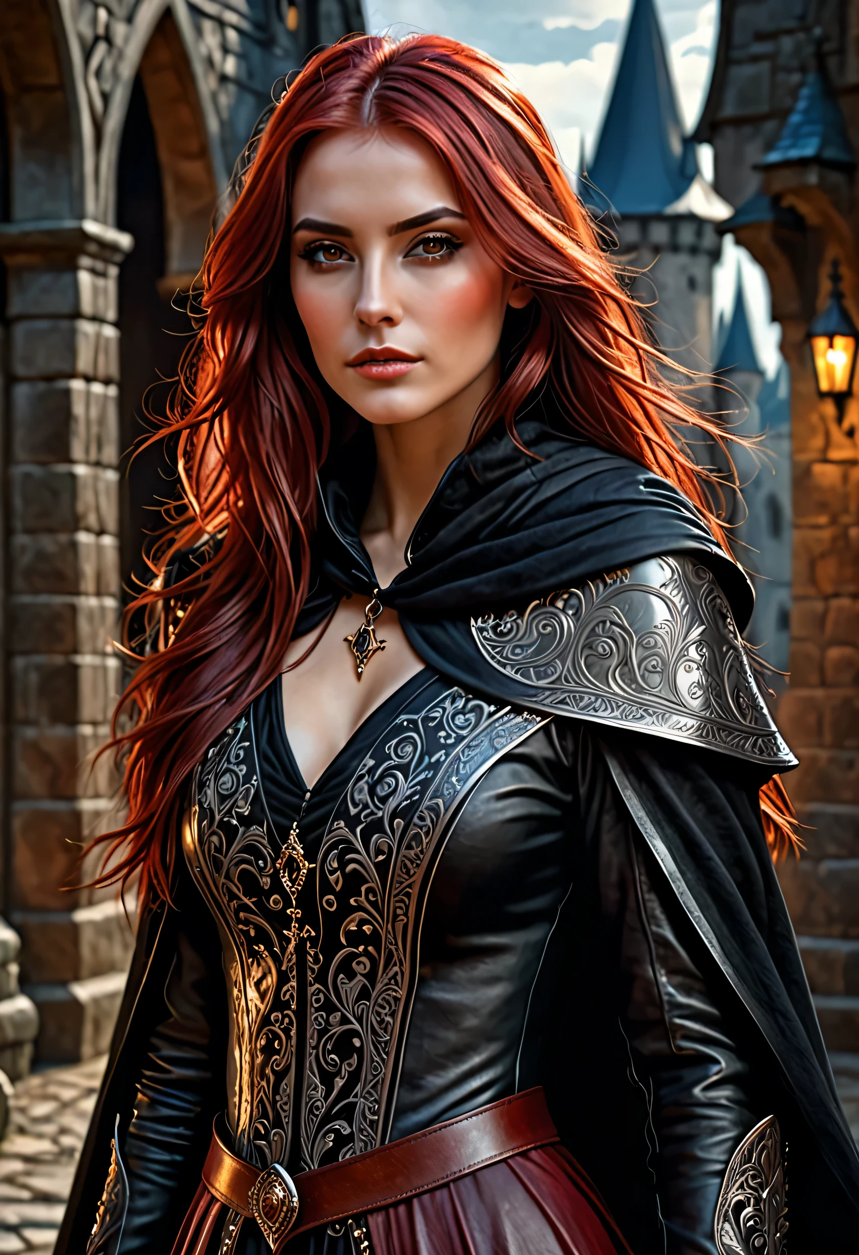 red long layered cut hair, brown eyes, sexy woman, light black leather medieval clothes, there is a black cloak behind him, 8k detailed, crafted in the fantasy art style, intricate detailing, ethereal ambiance, digital painting, ultra realistic, highly detailed, dark light