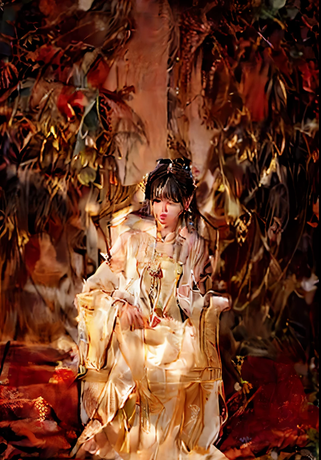 Uma mulher branca de longos cabelos brancos sentada sobre um trono, the woman is wearing a white dress with gold cleopada style adornments. Behind the throne and the woman is a man with black clothes and long black hair with a pair of long black wings on his back where each side of the wing