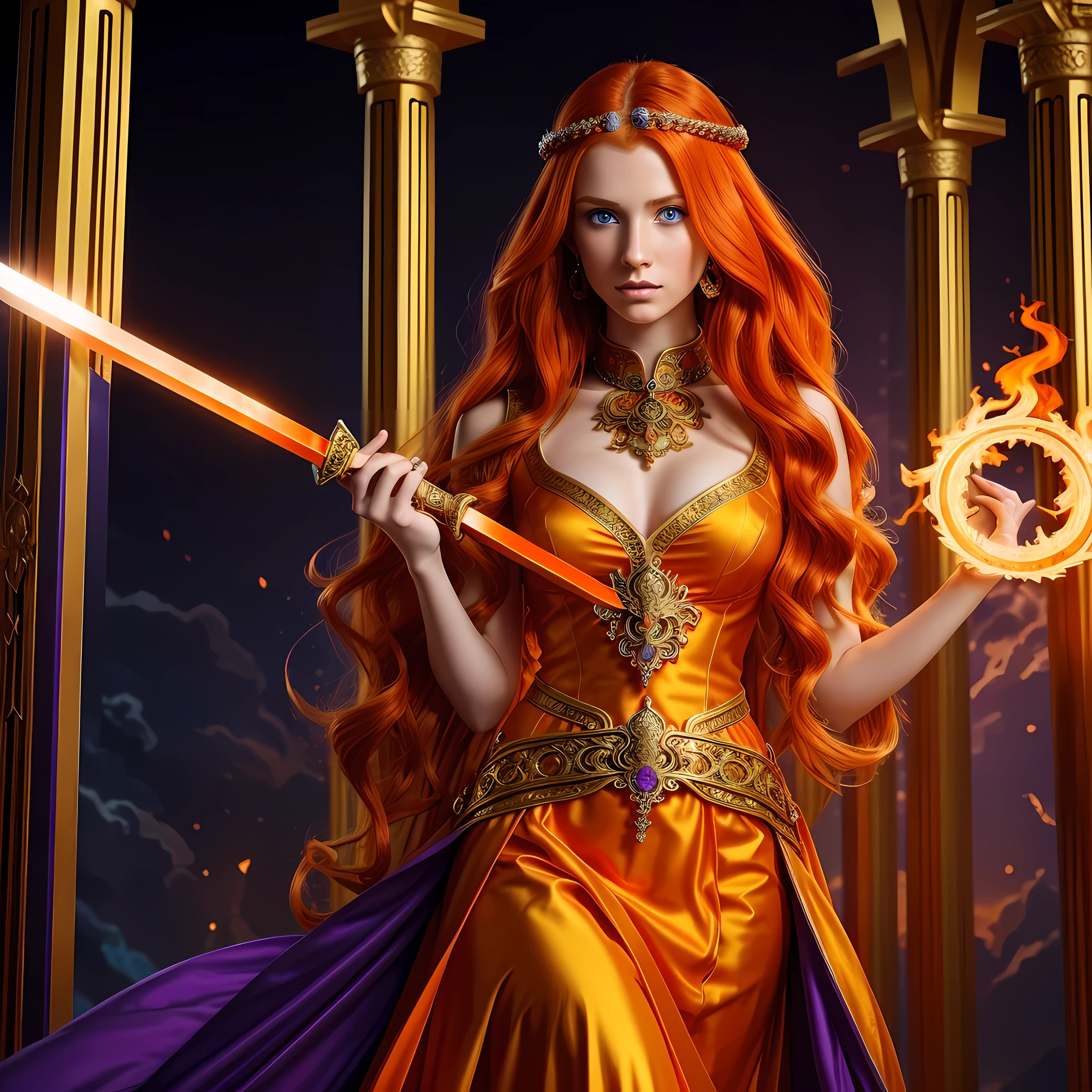 beautiful young woman, tall girl, bright orange hair, long wavy orange hair, bright blue eyes, light pale skin, wearing a red warrior dress with ornate gold and purple designs, modest clothing, in a temple made of purple stones, holding a long orange sword, fiery background, flames, dramatic composition, high quality digital art