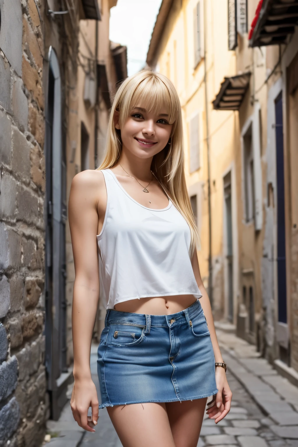 cute italian girl、blonde hair、With bangs、smile、slender body、white tank top、blue denim miniskirt、in the alleys of italy、looking at me