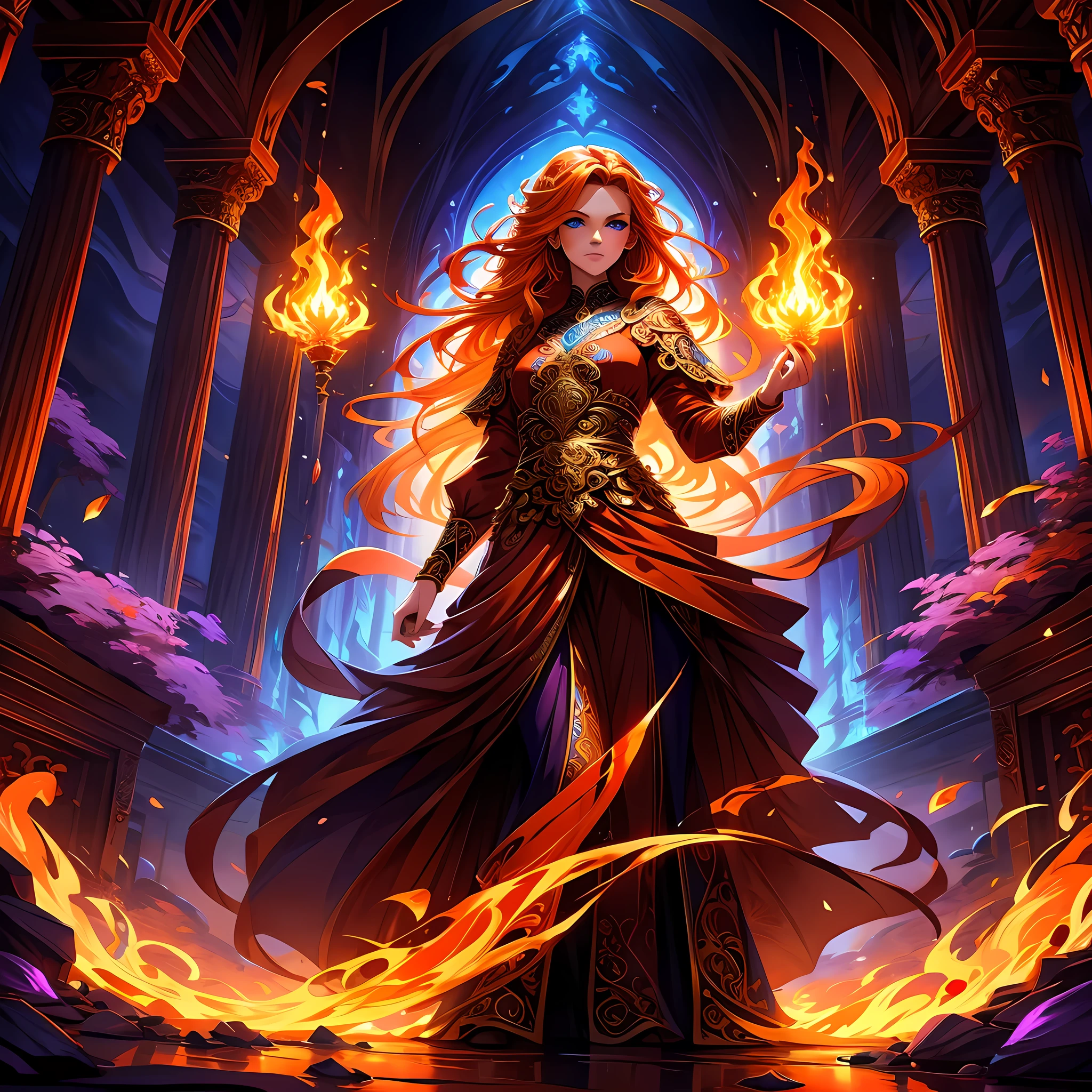 fantasy style art, anime style art, beautiful young woman, tall girl, bright orange hair, neon orange hair, long wavy orange hair, bright blue eyes, light pale skin, wearing a red warrior dress with ornate gold and purple designs, modest clothing, in a temple made of purple stones, holding a long orange sword, fiery background, flames, dramatic composition, high quality digital art