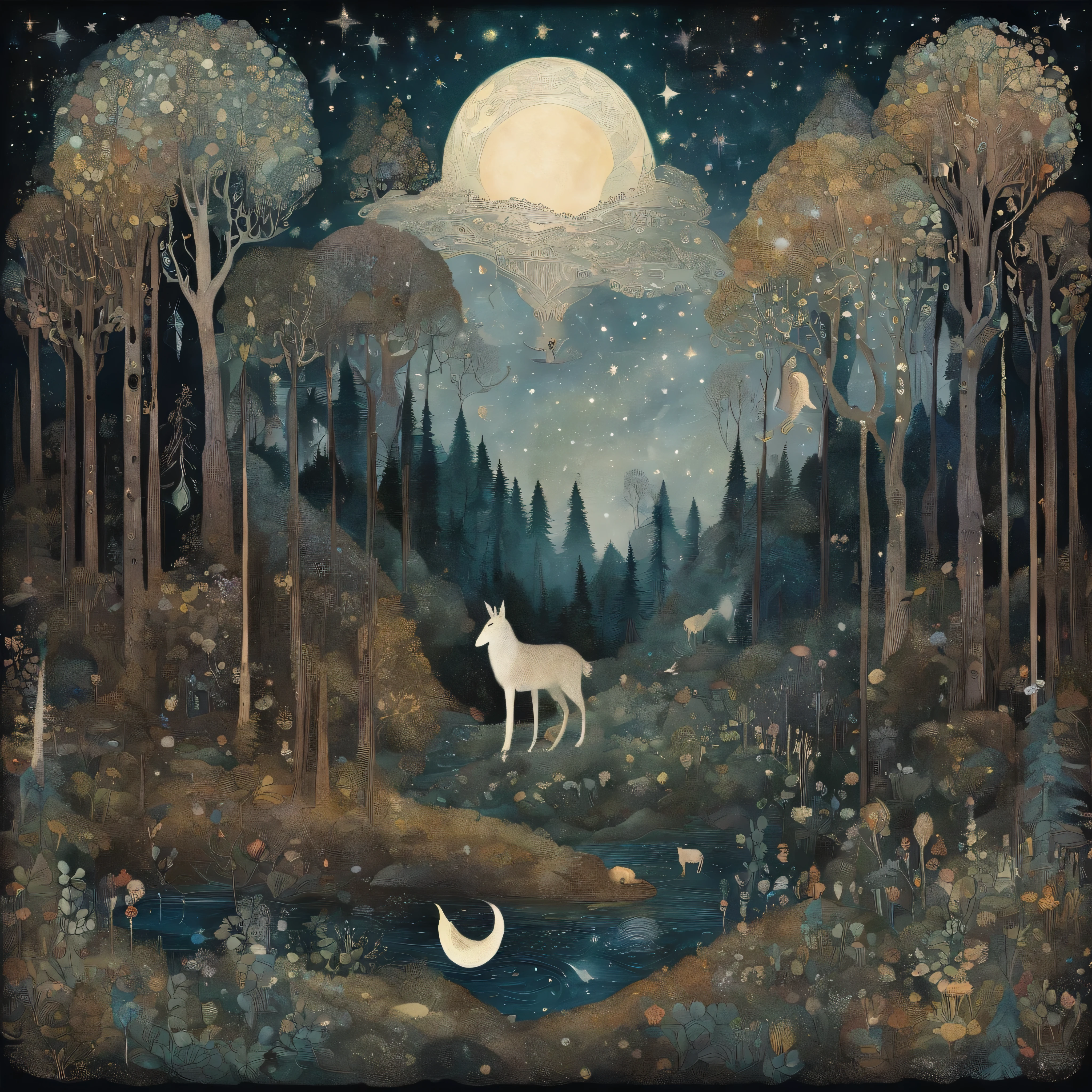 (wall art) (no mockup) (john bauer design) (scandinavian dense dark forest) (starry sky) (secrets hiding in the forest) (scandinavian colors)