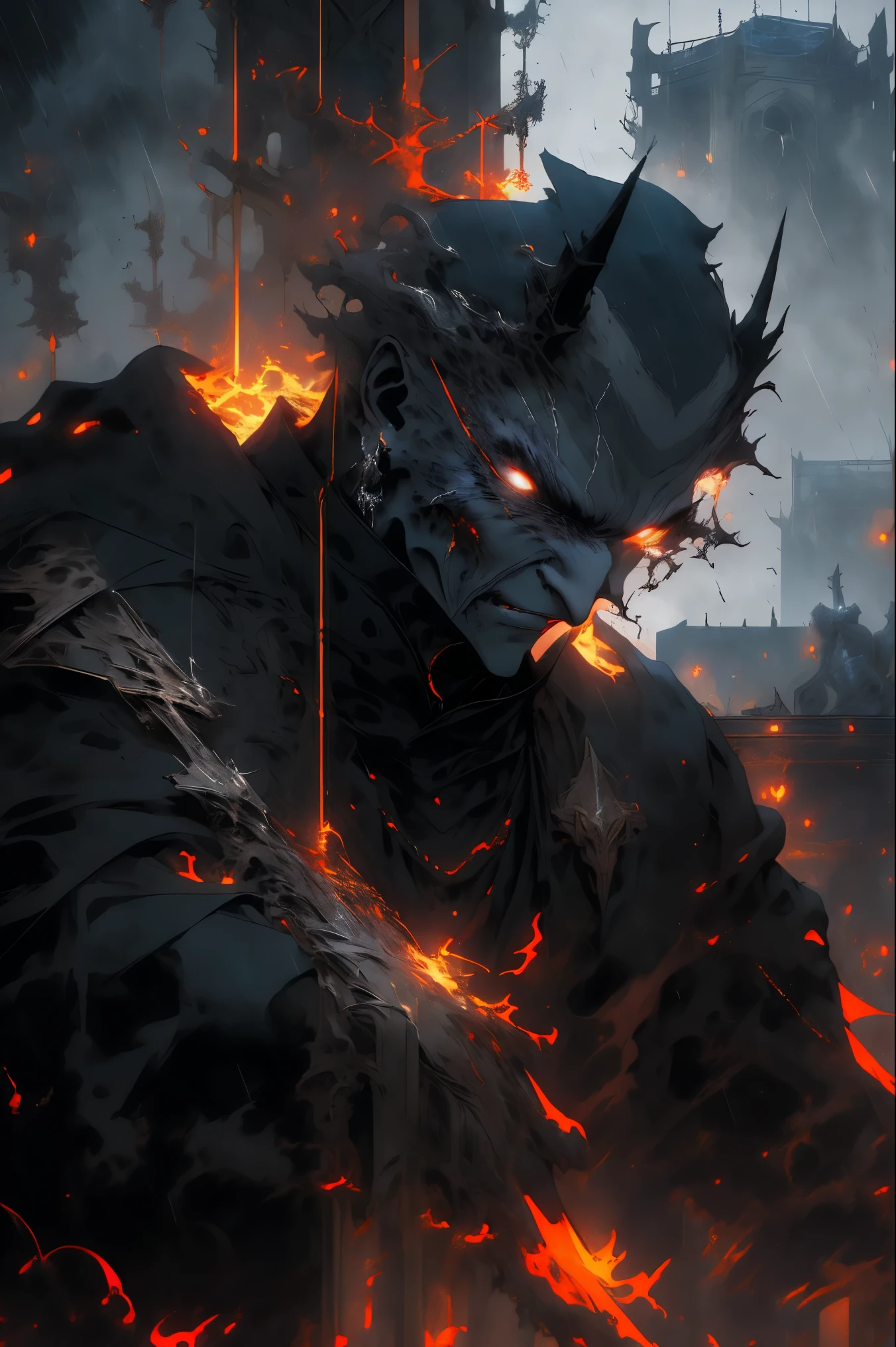 (best quality, highres), stone gargoyle, meditating, on top of the Notre Dame, gloomy atmosphere, in the rain, dark night, lightning and thunder, perched on a ledge, dim light, guardian, monastery