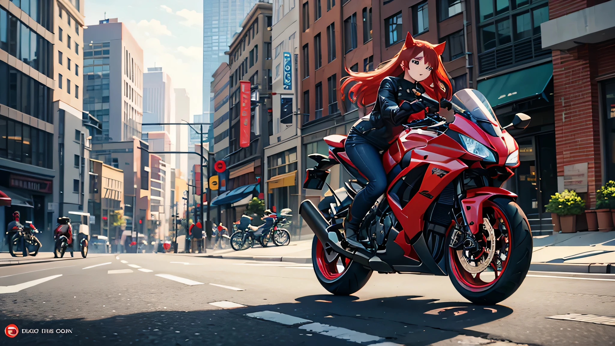 Red Hair Blue eyes cat girl riding a motorcycle