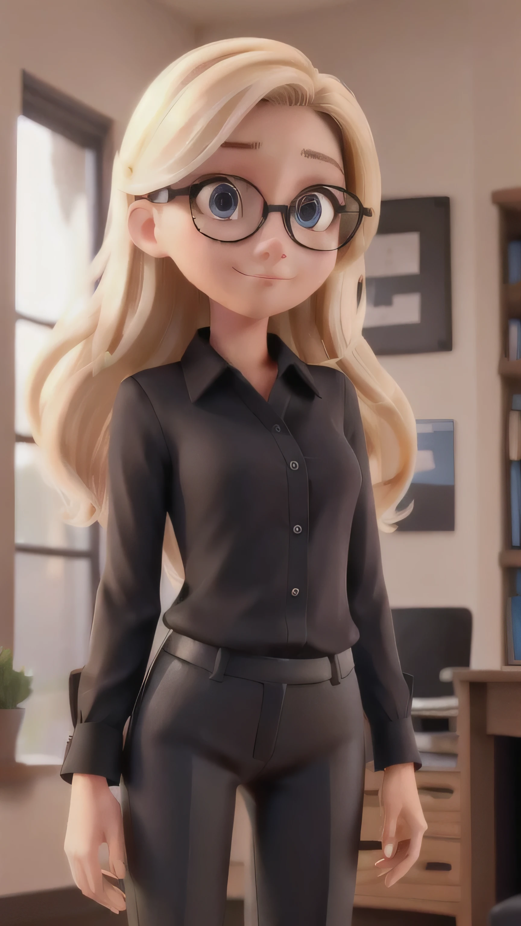 Blonde girl, He wears a formal black blouse, He wears black pants, Pointing patiently, Body color is brown, Hazel eyes, long hair, He wears clear glasses