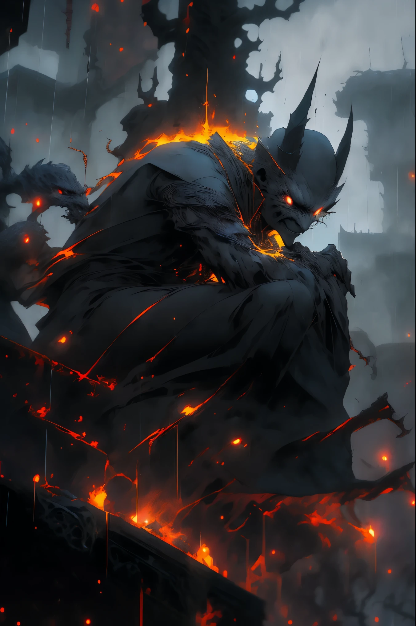 A stone gargoyle, meditating, on top of the Notre Dame, in the rain, in a dark night with lightning and thunder. The gargoyle is perched on a ledge, surrounded by a gloomy atmosphere. The scene is illuminated by a dim light, highlighting the intricate details of the gargoyle. The image has the best quality and is in high resolution, capturing every nuance and texture of the gargoyle and the rainy night. The stone gargoyle serves as a guardian, overlooking the monastery and exuding a sense of mystery and tranquility.