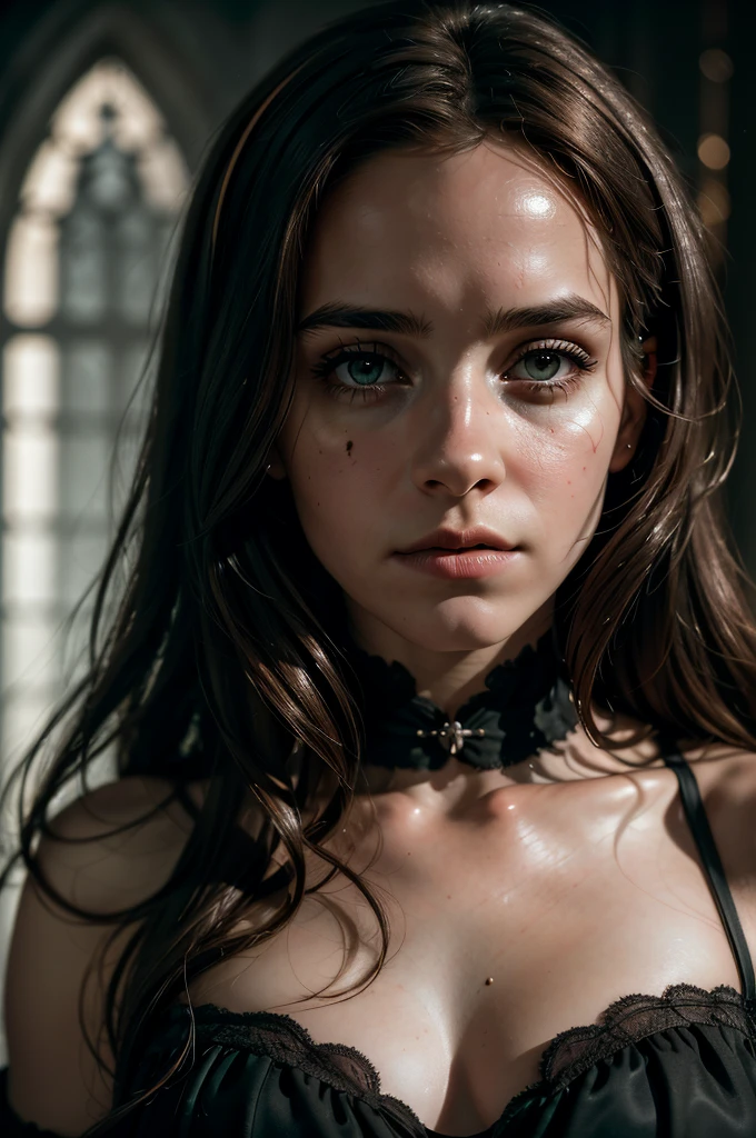hyperrealism, photorealism, masterpiece, best quality, perfect detail, perfect lighting, professional photo, realistic photo, sexy Hermione Granger, gothic lighting, dark photography, burnt photograph, film grain, film stock.
