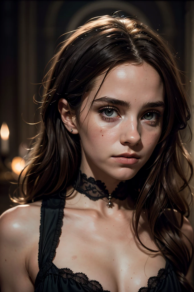 hyperrealism, photorealism, masterpiece, best quality, perfect detail, perfect lighting, professional photo, realistic photo, sexy Hermione Granger, gothic lighting, dark photography, burnt photograph, film grain, film stock.