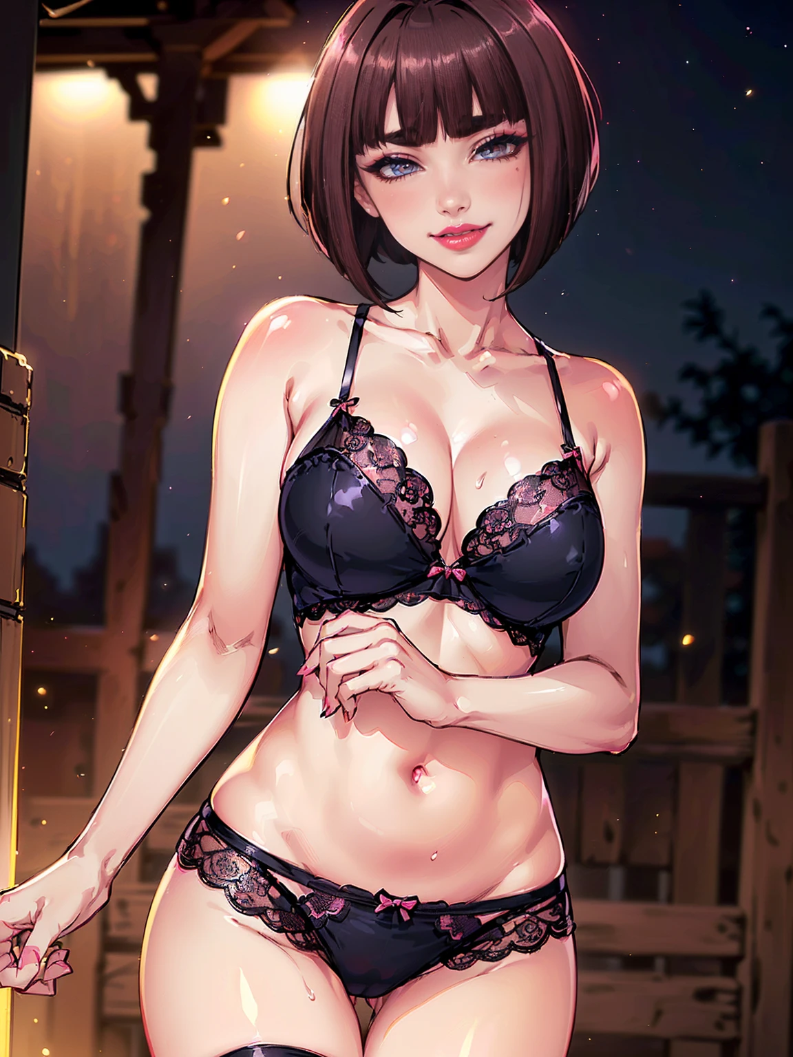 ((shiny eyes, 1girl, milf, sexy pose, ((Itsuki Shima, mature female, (cowboy shot:1.2), short hair, brown hair, bob cut, brown eyes, looking at viewer, perfect body, perfect eyes, anime eyes, perfect face, (blush, smirking:1.1), sharp focus, professional artwork, intricate details)), ((solo, (1woman, pink lipstick), Extremely detailed, ambient soft lighting, 4k, perfect eyes, a perfect face, perfect lighting, a 1girl)), diamond, sensual, black sheer lace lingerie, black sheer tong, outdoors, legs open, shapely thighs
