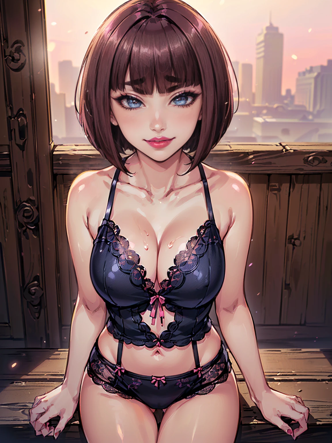 ((shiny eyes, 1girl, milf, sexy pose, ((Itsuki Shima, mature female, (cowboy shot:1.2), short hair, brown hair, bob cut, brown eyes, looking at viewer, perfect body, perfect eyes, anime eyes, perfect face, (blush, smirking:1.1), sharp focus, professional artwork, intricate details)), ((solo, (1woman, pink lipstick), Extremely detailed, ambient soft lighting, 4k, perfect eyes, a perfect face, perfect lighting, a 1girl)), diamond, sensual, black sheer lace lingerie, black sheer tong, outdoors, legs open, shapely thighs