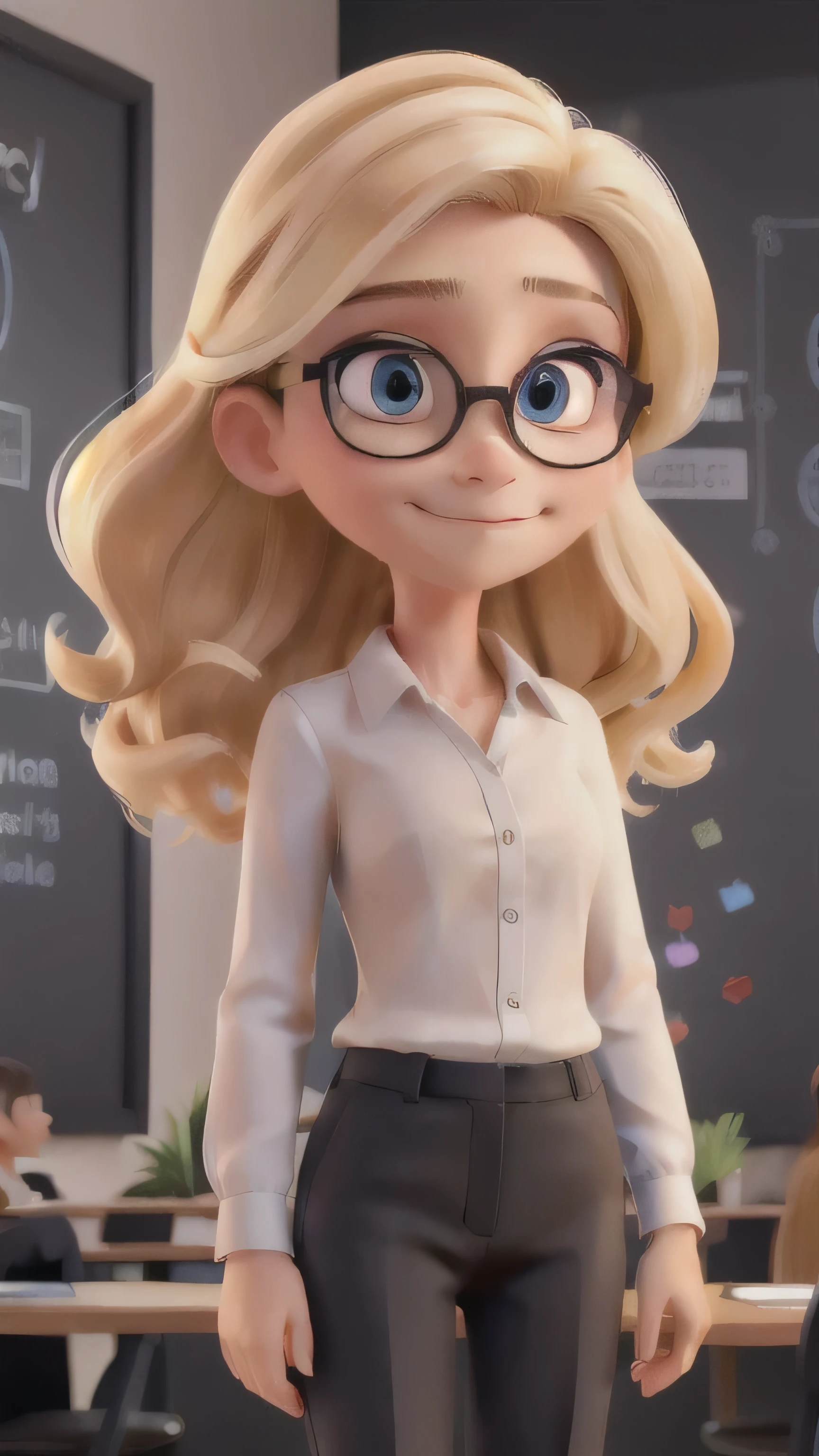 Blonde girl, He wears a formal black blouse, He wears black pants, Provide an explanation on the board, Body color is brown, Hazel eyes, long hair, He wears clear glasses