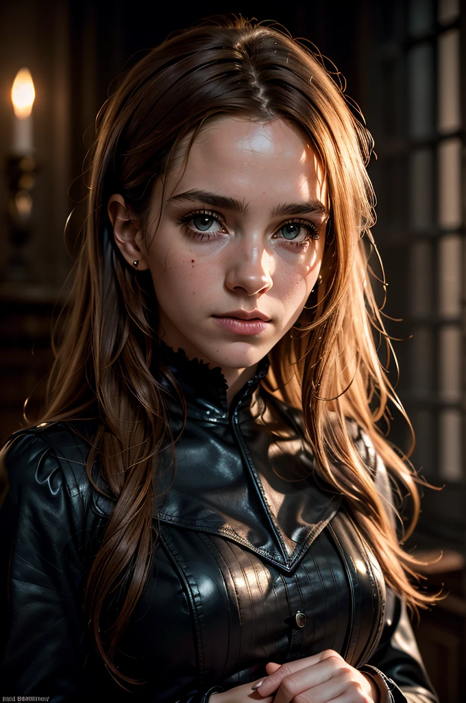 hyperrealism, photorealism, masterpiece, best quality, perfect detail, perfect lighting, professional photo, realistic photo, sexy Hermione Granger, gothic lighting, dark photography, burnt photograph, film grain, film stock.