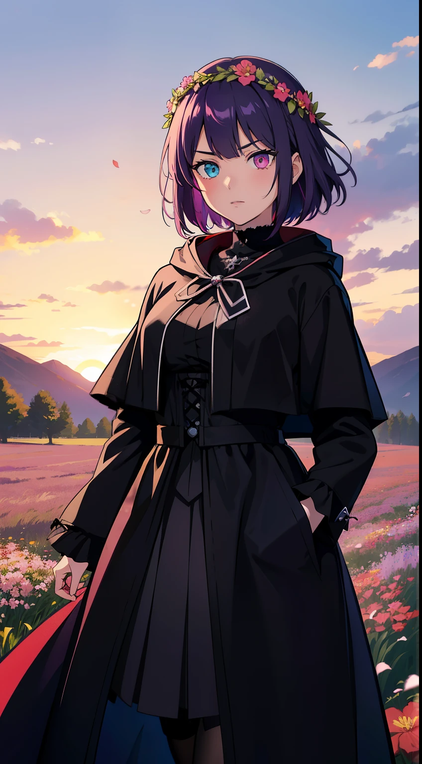 (high-quality, breathtaking),(expressive eyes, perfect face) 1girl, female, solo, teenager, light lavender purple hair, Heterochromia left red and right bluey eye color, short hair length, spiky hair, soft expression, shy, floral crown wreath, ribbons in hair, standing in a field of flowers, meadow field background, red flowers, sunset background, flower petals, light breeze, black turtle neck shirt, hooded long sleeved black cloak, black lace shirt, hair short at the back and longer bangs at the front, gothic inspired, Skull Broch, grim reaper inspiration, pocket watch, magic fantasy attire, adventurer attire, headshot, zoomed out, portrait, Tomohiro Kai Art Style, Tomo Aizawa
