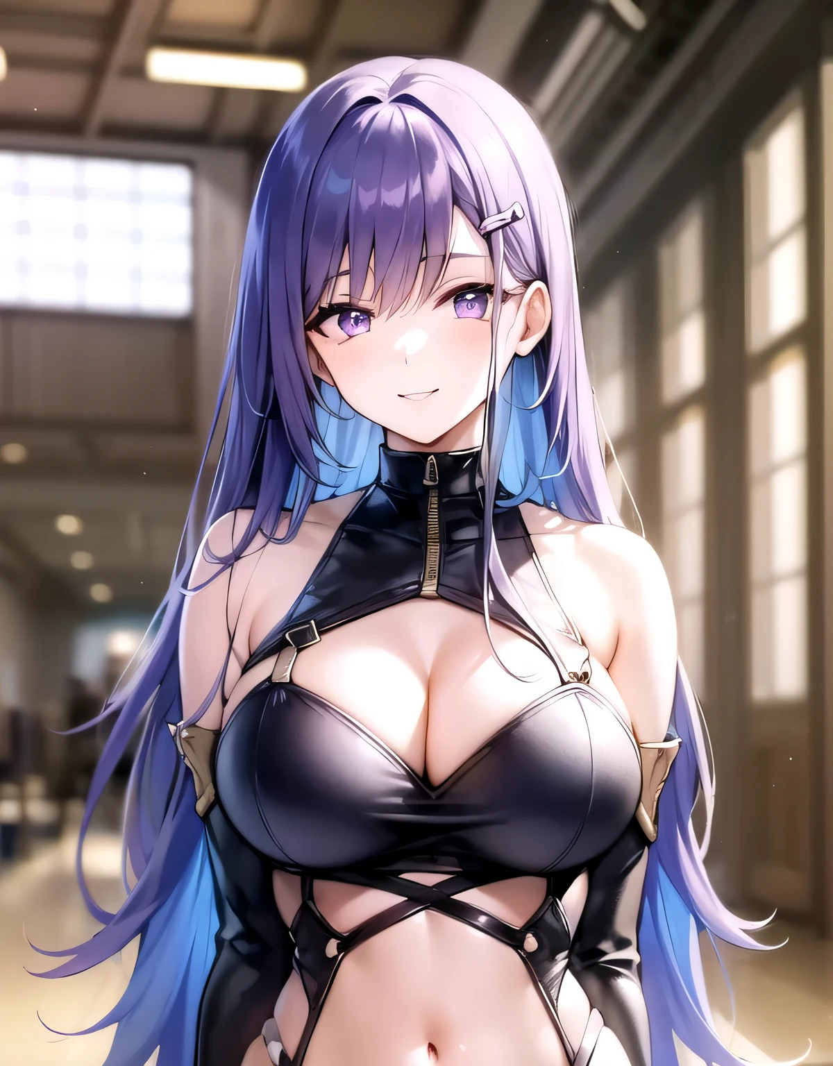 Angers,purple hair,(purple eyes),long hair,hair ornament,hairclip,amount,bare shoulders,indoor arena,(big breasts:1.5),shiny,hair,((alone)),((masterpiece)),((highest quality)),perfect anatomy,slim waist,perfect image,8k uh,(detailed and beautiful eyes:1.5),highly detailed face,Are standing,(Upper body:1.1),(look ahead:1.1),back arm,Super detailed,disorganized,High resolution,smile,