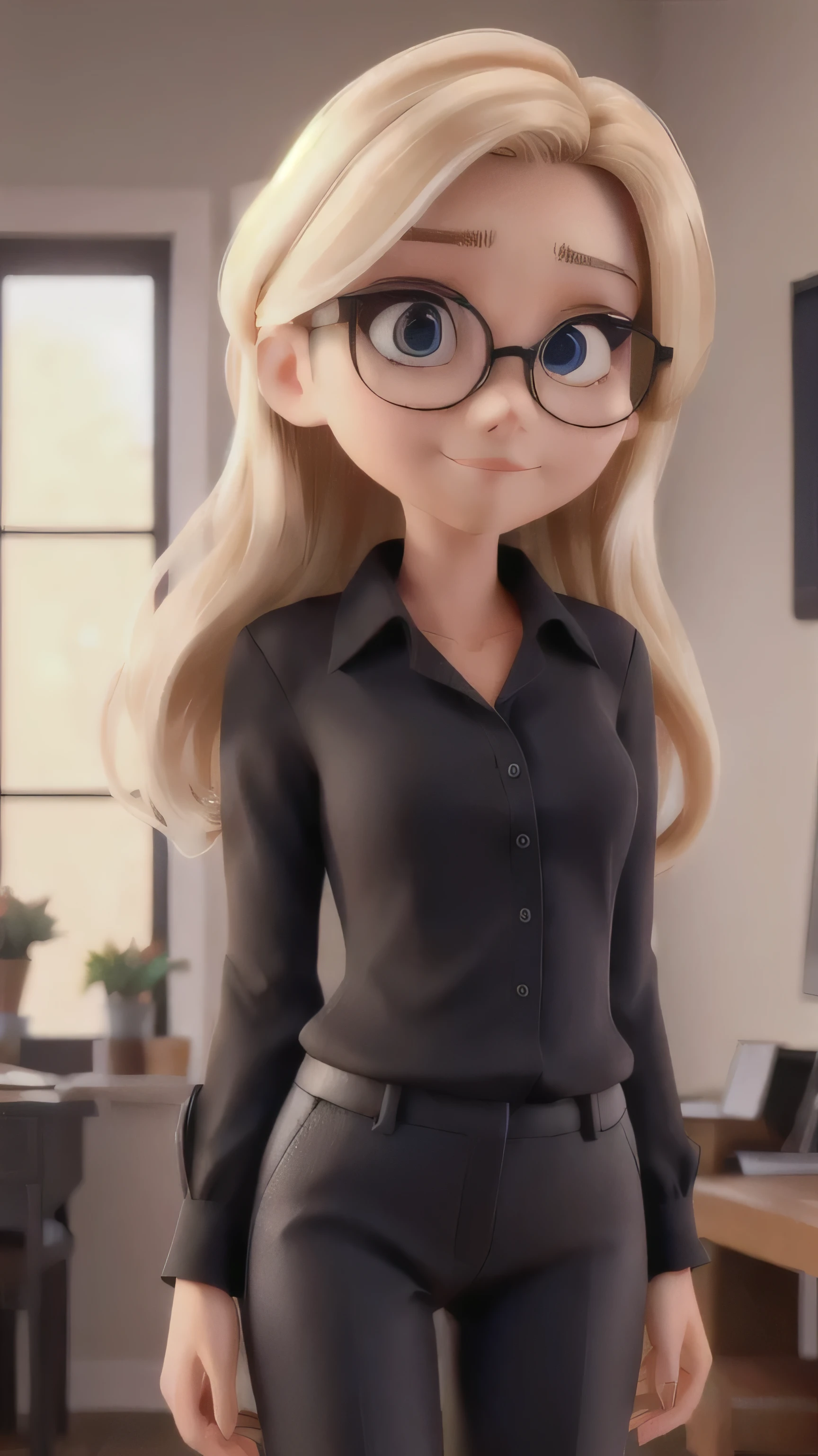 Blonde girl, He wears a formal black blouse, He wears black pants, Pointing patiently, Body color is brown, Hazel eyes, long hair, He wears clear glasses