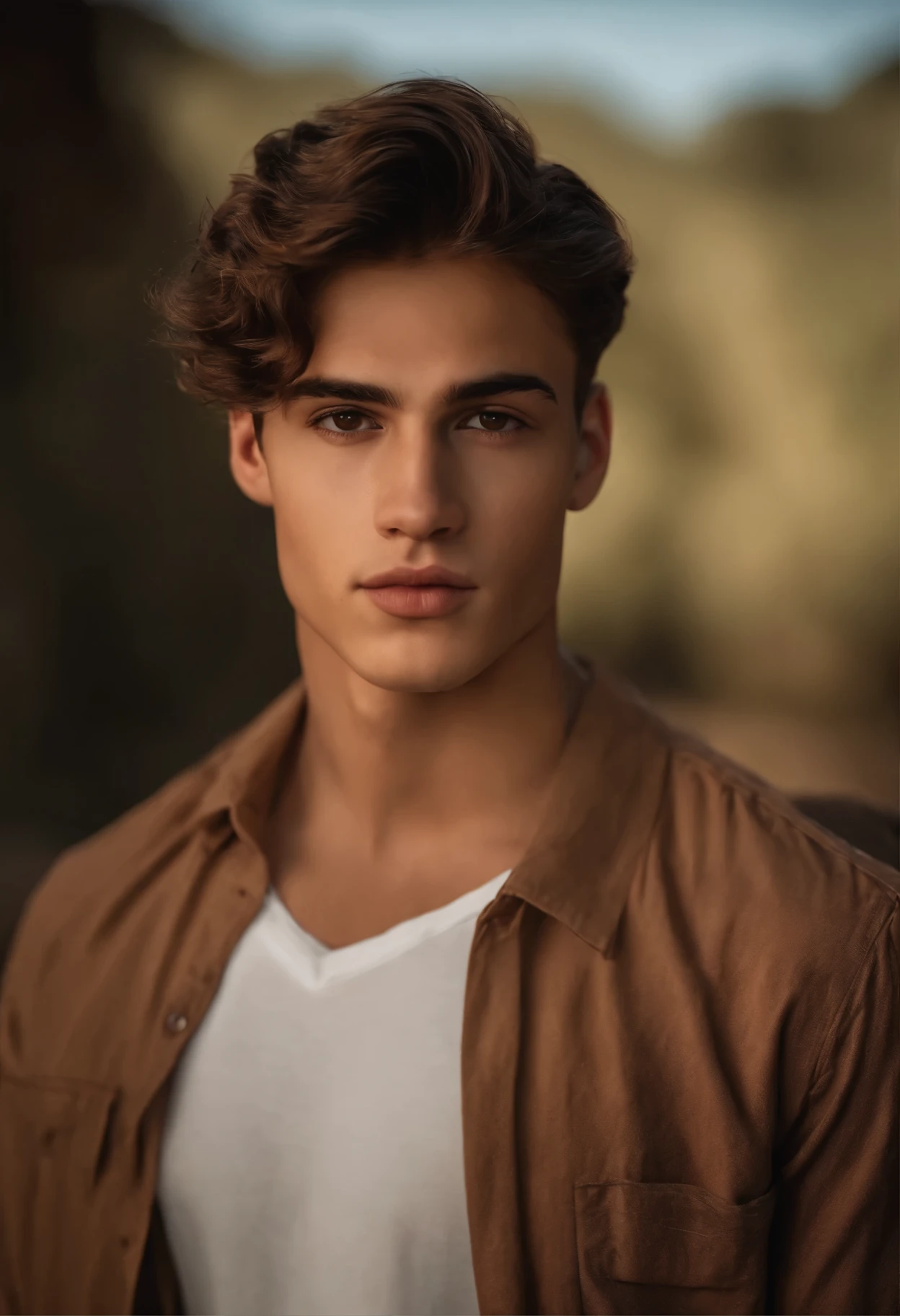 20 year old boy with light brown eyes , cabello rubio cenizo piel blanca , car perfecta , alto ,cuerpo atleta y con una personalidad reservada saliendo de una casa grande y bonita