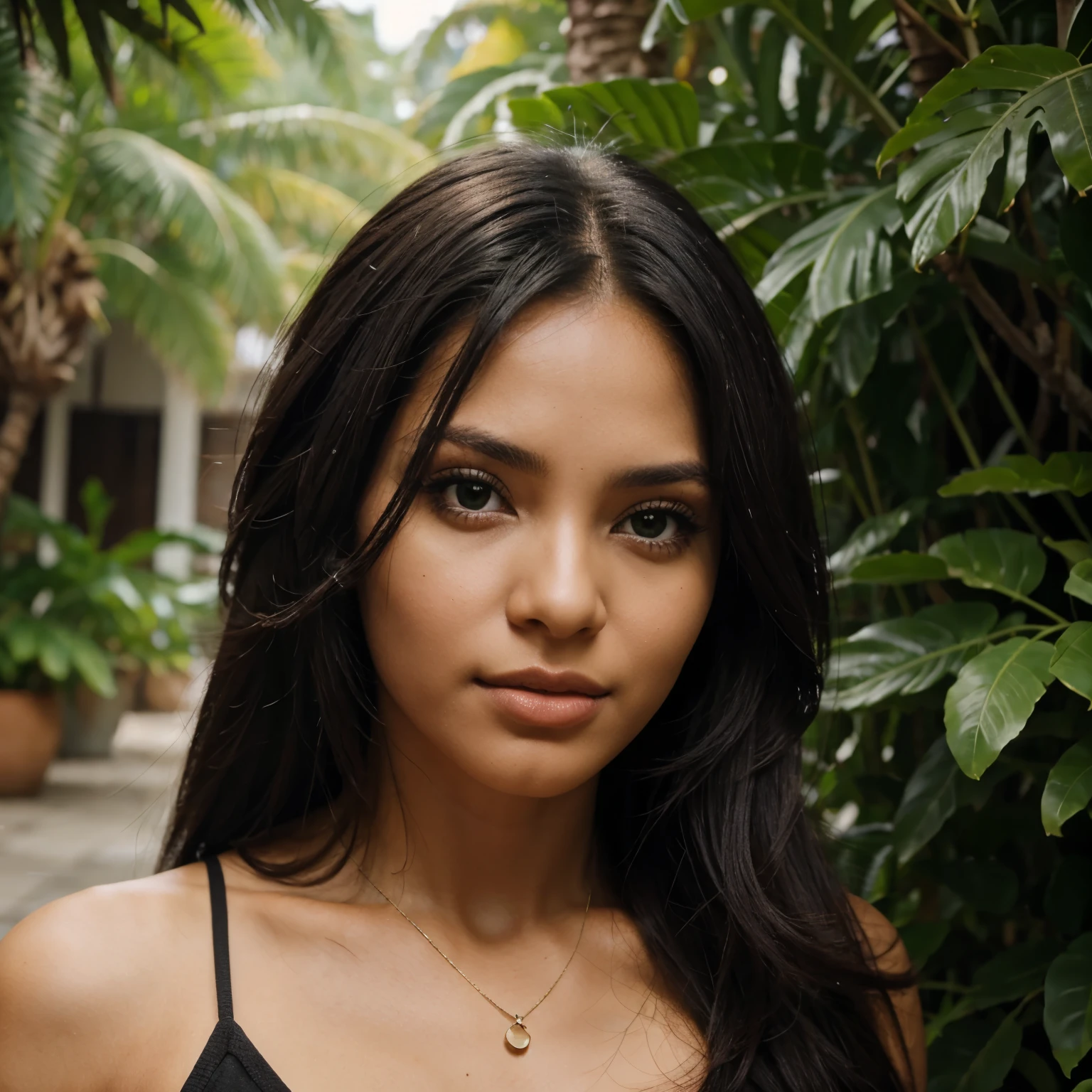 A photorealistic portrait of a 21-year-old colombian girl with long, flowing dark hair and striking dark eyes. She should have a natural, approachable expression and be illuminated by soft, golden-hour sunlight. The background should be a scenic outdoor setting, perhaps a sunlit park or beach. Capture this image with a high-resolution photograph using an 85mm lens for a flattering perspective.