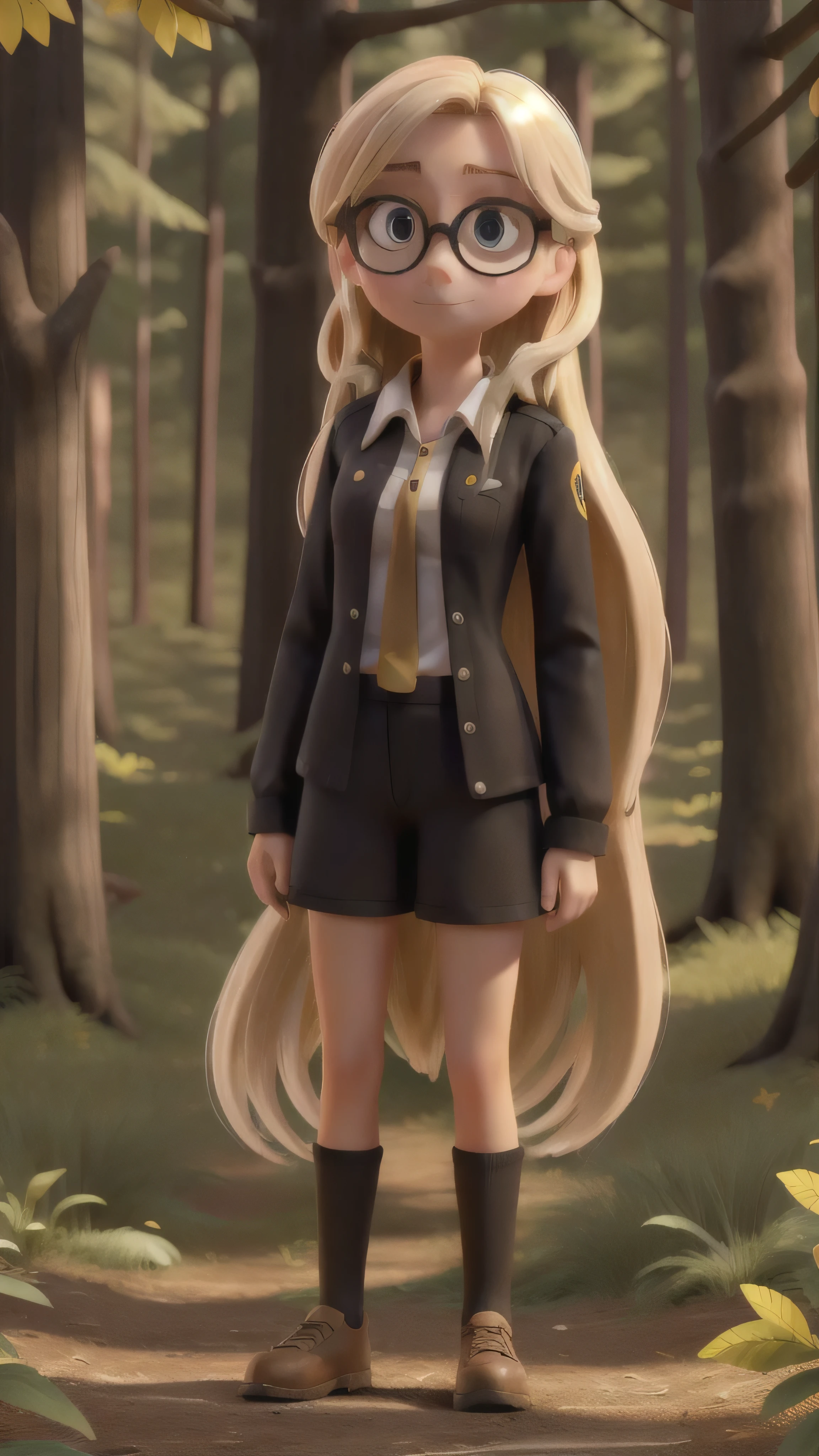Blonde girl, long hair, Wear a black outfit, Body color is tan, Hazel eyes, Wear clear sunglasses, Standing in the woods