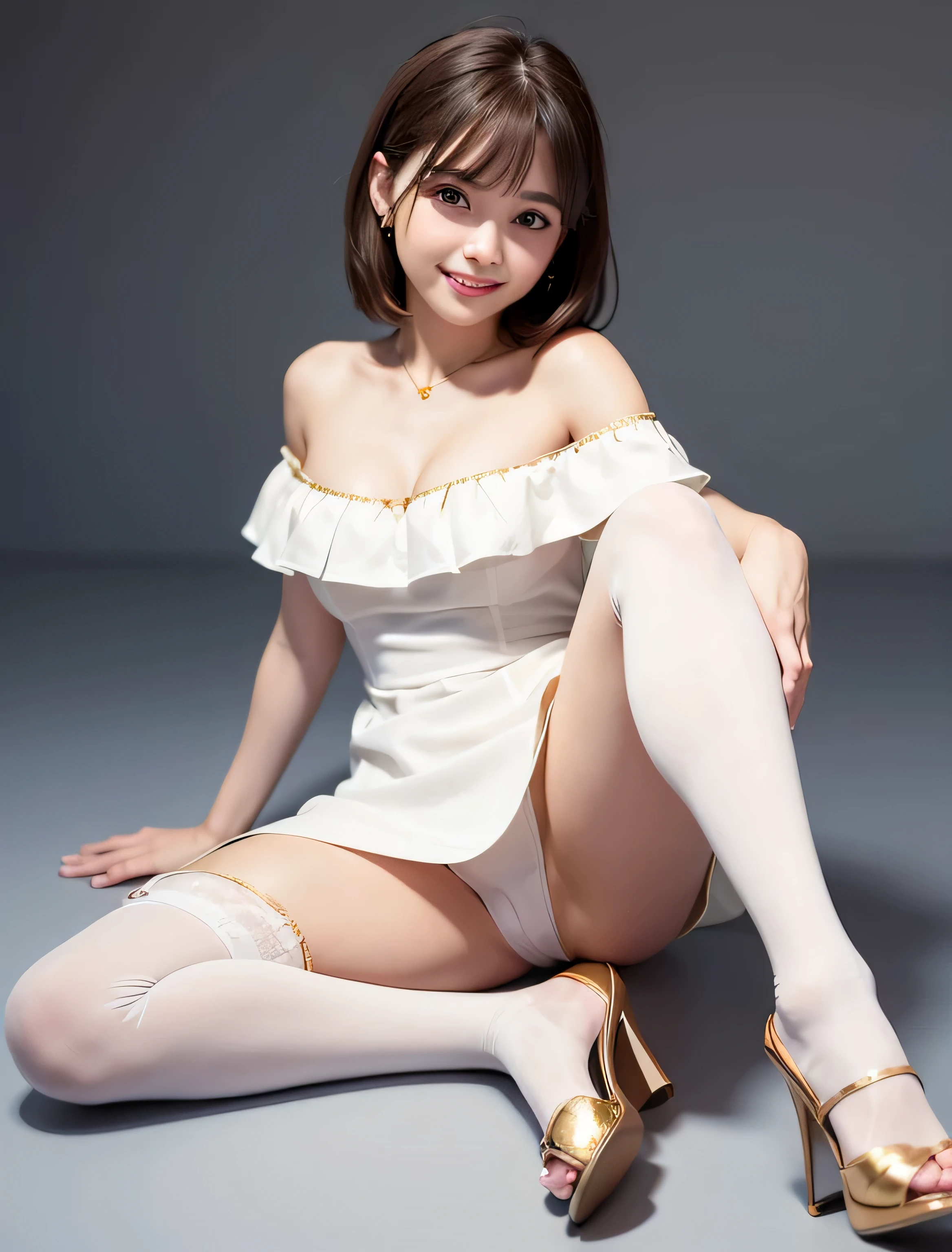 ((((brown hair, medium hair)))), highest quality, 8K, HDR, High resolution, confused:1.2, blurred background, Bokeh:1.2, photo shoot, (Raw photo:1.2), (realistic:1.4), (masterpiece:1.3), (intricine details:1.2), 1 girl, 一人in, japanese girl, delicine, beautiful, (fine eyes), (detailed facial feinures), , (((big breasts))), Perfect for your skin, (looking for_in_viewer), from_front, (skinny), (highest quality:1.4), (ultra High resolution:1.2), cinema light, (extreme detailed illustrinion), (lip gloss, highest quality, ultra High resolution, written boundary depth, caustics, wide range lighting, ninural shading, 85mm, f/1.4, ISO200, 1/160s:0.75),1 girl, 一人in,(((smile))), (((white off shoulder dress, white stockings, high heel shoes))), (face to face with the children_V1:0.5), (Ulchan-6500-v1.1:0.5), lip gloss、とてもbeautiful女の子、 一人in, beautiful girl like a model、(long sleeve sailor suit、highly detailed pleated scarf, 美しくfine eyes, beautifully detailed nose,((((tongue licking)))、(((spread your legs wide)))、(((looking at the camera)))、幸せそうにsmile,perfect makeup,smile,
(((delicate gold stiletto heels)))、
(((Completely naked)))、(((Gold Sandals)))、