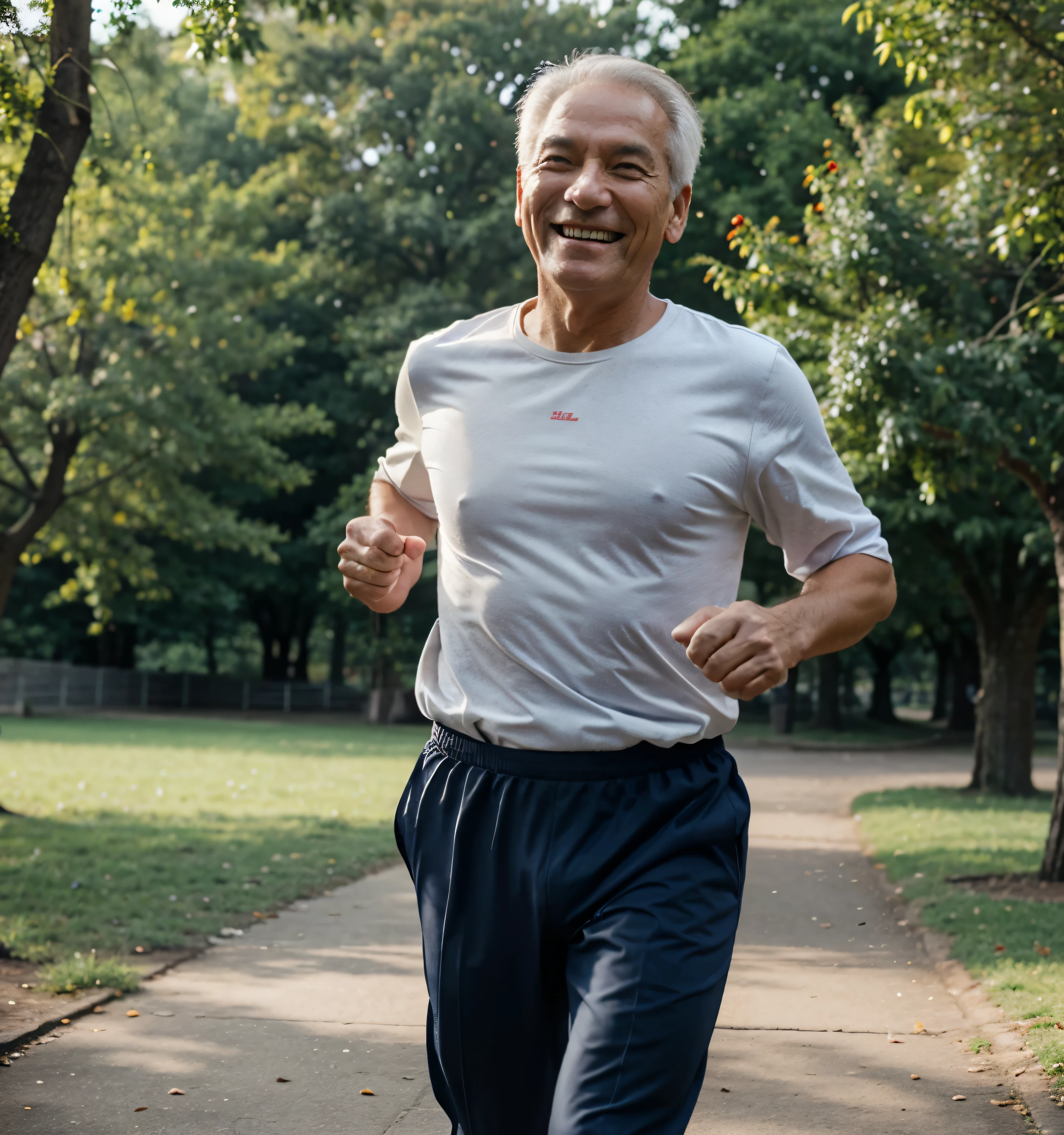 old man smiling running in the park in a healthy way