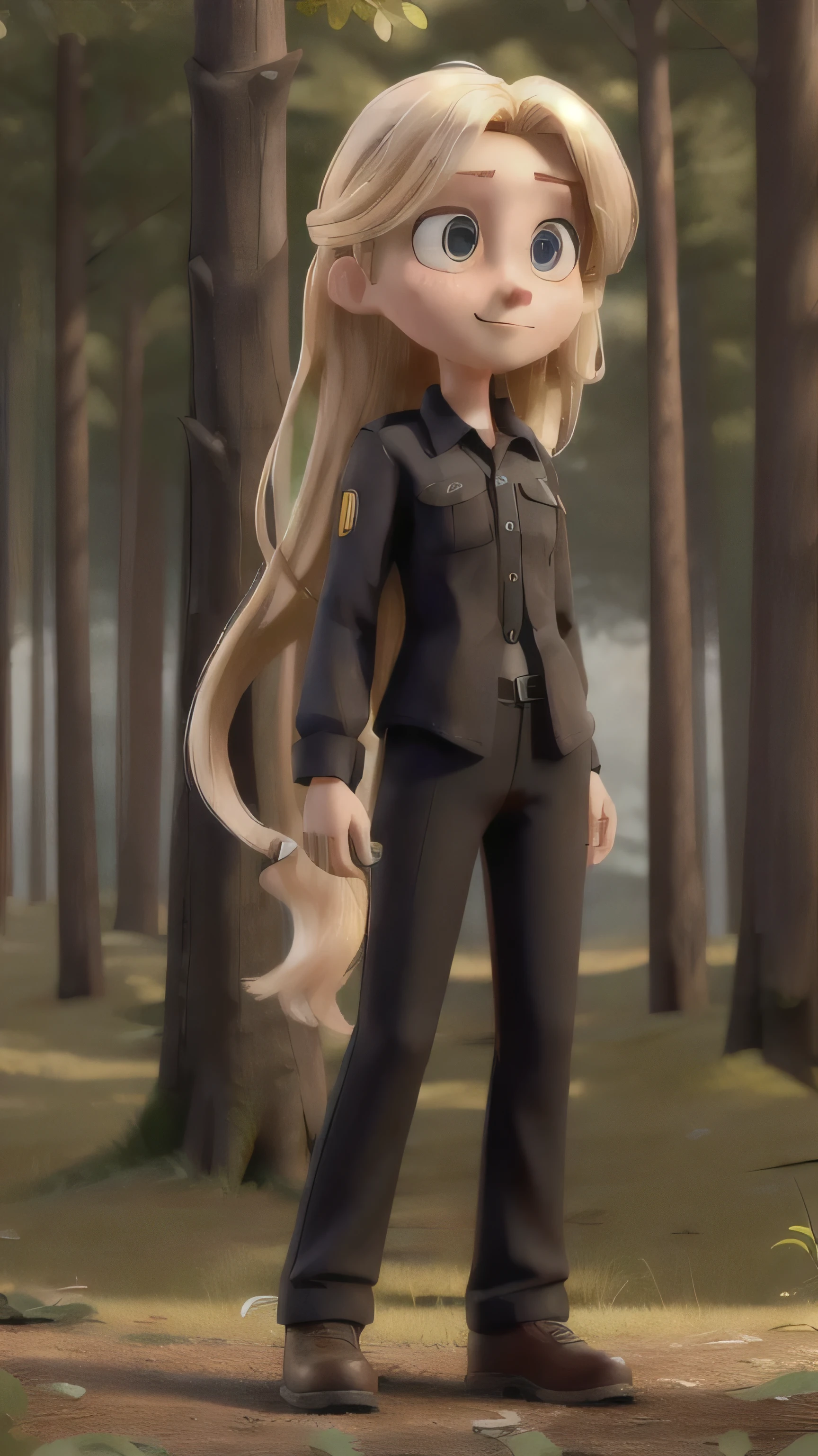 Blonde girl, With long hair, Wear a black outfit, Long trousers. Long pants, And a long shirt, Body color is dark brown, Eye color is hazel, Wear clear sunglasses, Standing in the woods