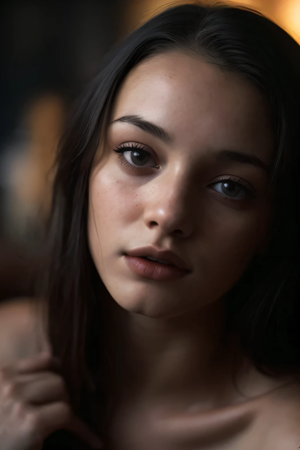 (close-up, editorial photograph of a 21 year old woman naked breasts), (highly detailed face:1.4) (smile:0.7) (background inside dark, moody, private study:1.3) POV, by lee jeffries, nikon d850, film stock photograph ,4 kodak portra 400 ,camera f1.6 lens ,rich colors ,hyper realistic ,lifelike texture, dramatic lighting , cinestill 800,