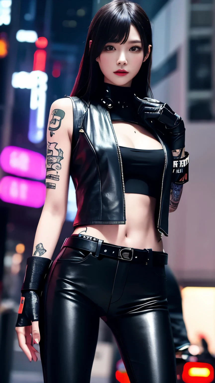 (highest quality)，masterpiece，Super detailed，8K, UHD，Beautiful woman，japanese woman，No expression，whole body，((tattoo))，slim，black leather pants，black leather vest，(female mafia)，gangster，(cyberpunk city)，night，cinematic lightening，underworld