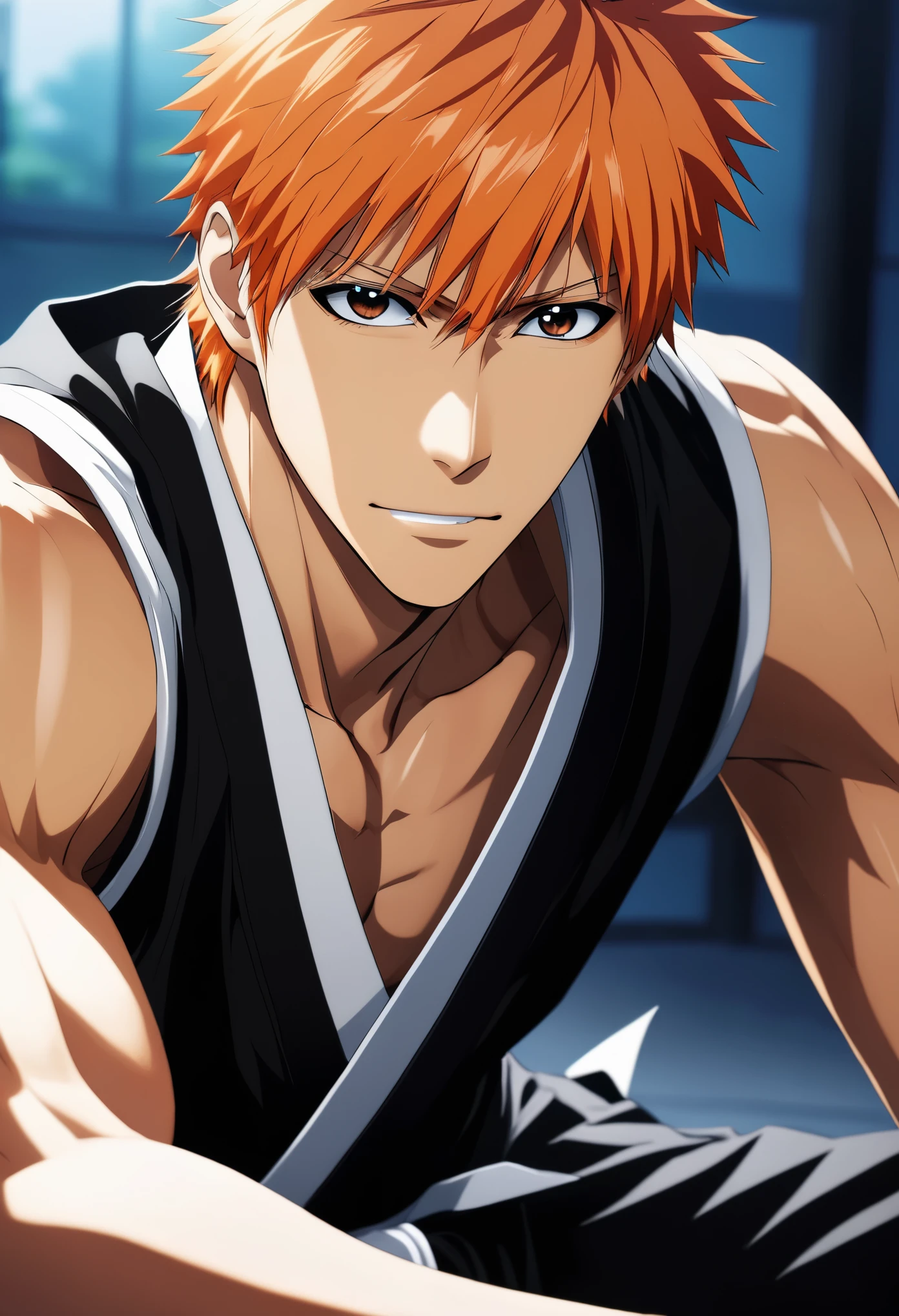 1ch1kur0, 1boy, kurosaki ichigo, solo, male focus, upper body, close-up,