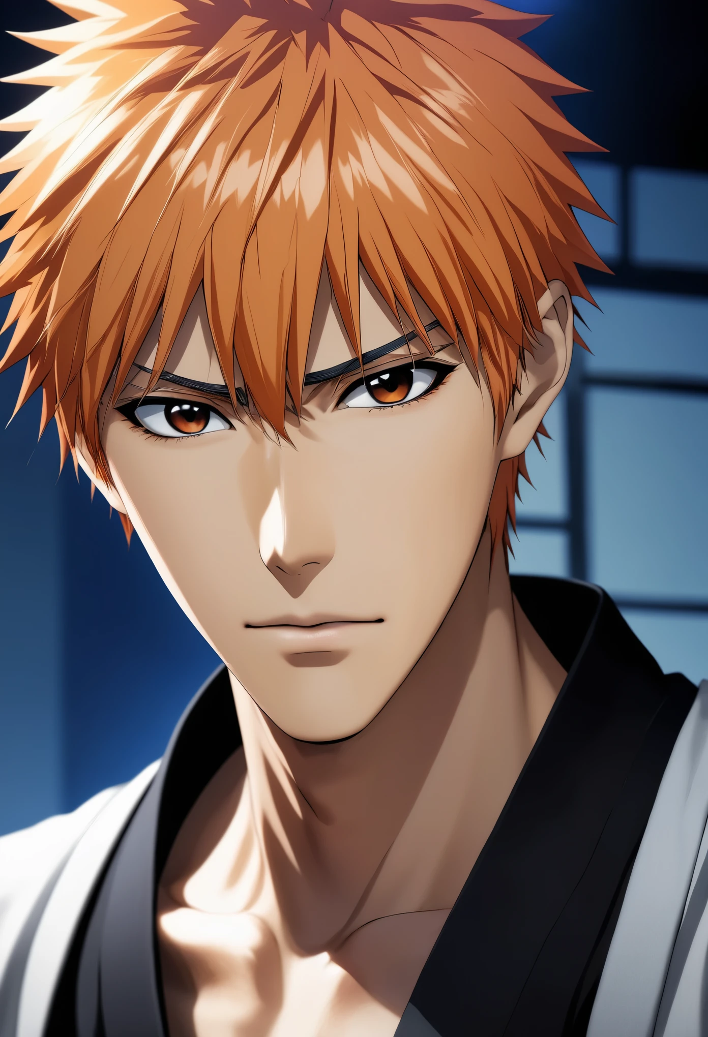 1ch1kur0, 1boy, kurosaki ichigo, solo, male focus, upper body, close-up,