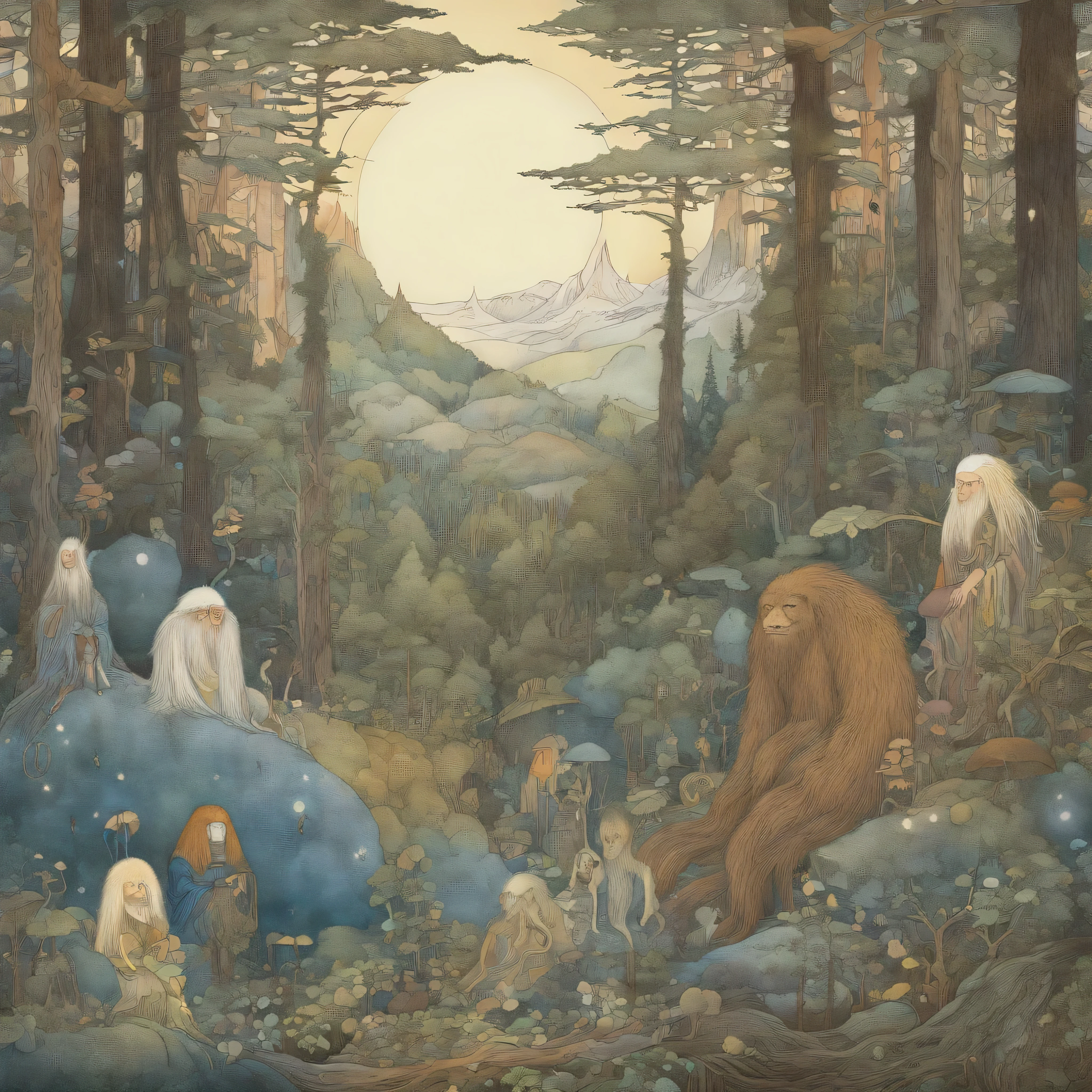 (wall art) (no mockup) (john bauer design) (trolls in scandinavian dense forest) (scandinavian colors)