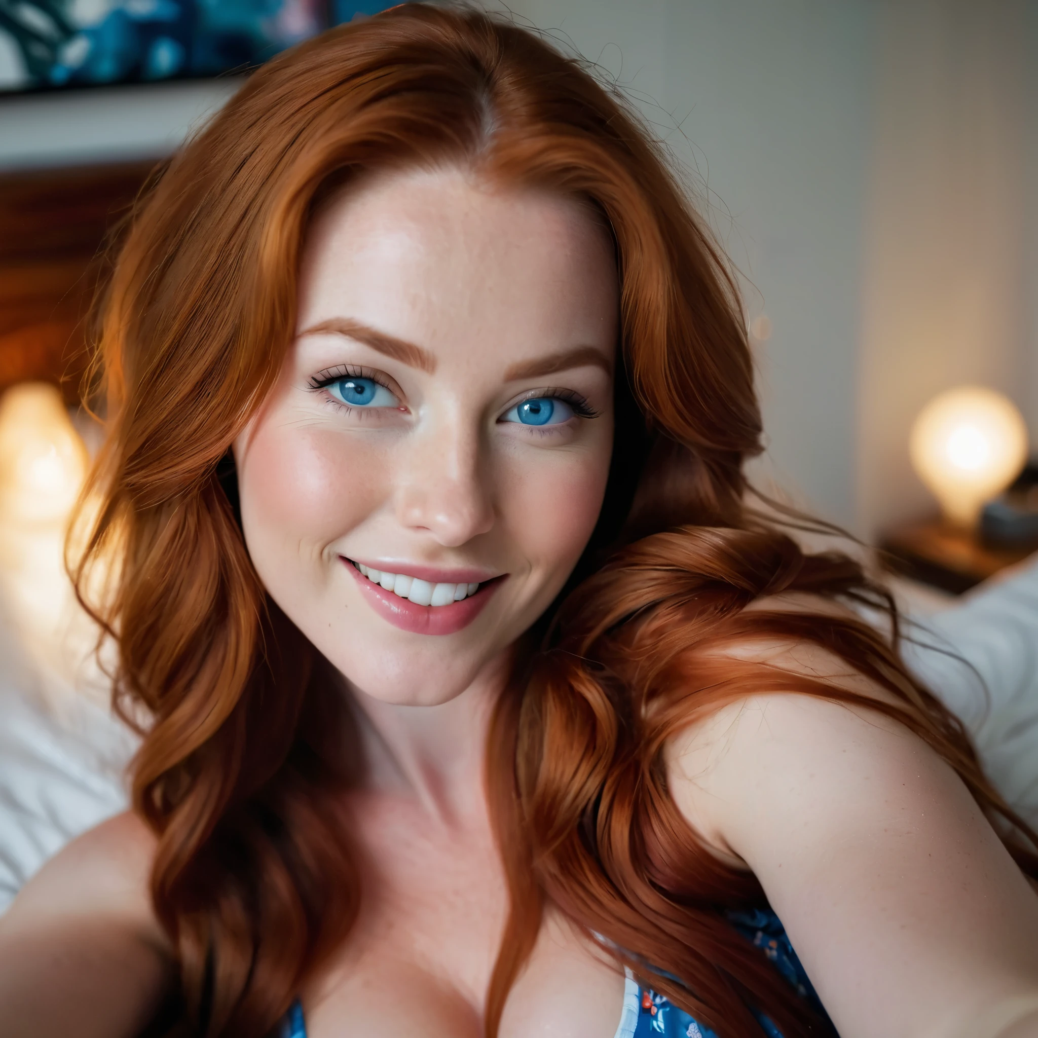 A selfie of a beautiful 25 year old woman with long red hair, bright blue eyes and a gentle smile. Detailed hand. In the foreground a woman lies snuggled up in bed and winks. Slight smile. Structured skin, curves, perfect figure, big breasts (cleavage). She is wearing pajamas. In the background a bedroom, dimmed lights, ambient lighting. Selfie, photorealistic, lowlight, fast exposure time, medium aperture, very small focal length.