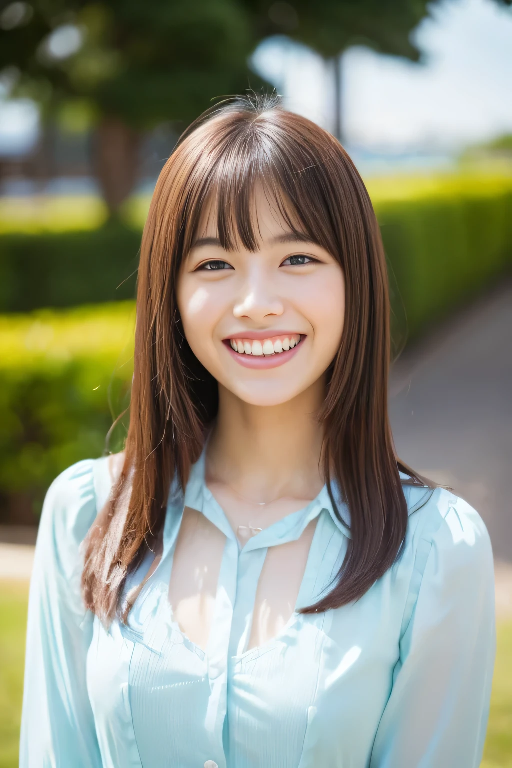 (A girl who is kind to everyone:1.5)、(A dazzling smile towards me)、(High school girl smiling happily)、(beautiful teeth、long bangs:1.2)、8K、Raw photo、background bokeh、(blouse:1.5)、black hair、hairstyle shortcut、necklace around neck、dark eyeliner