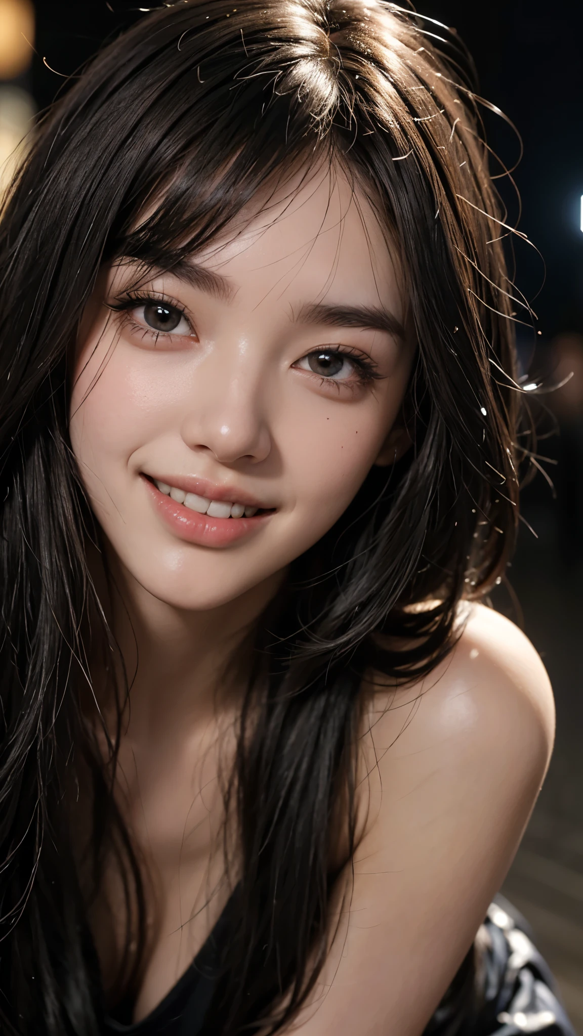 cute 22 year old,1 girl,slim face ,8k,Super realistic image quality,dynamic shadow,movie theater lighting,dark back alley,night,darkness of the city,one piece skirt, ((face close up:1.5)),((A smile showing white teeth)),((long hair)),((very short bangs)),close, 8k, RAW photo, highest quality, masterpiece,realistic, photo-realistic,