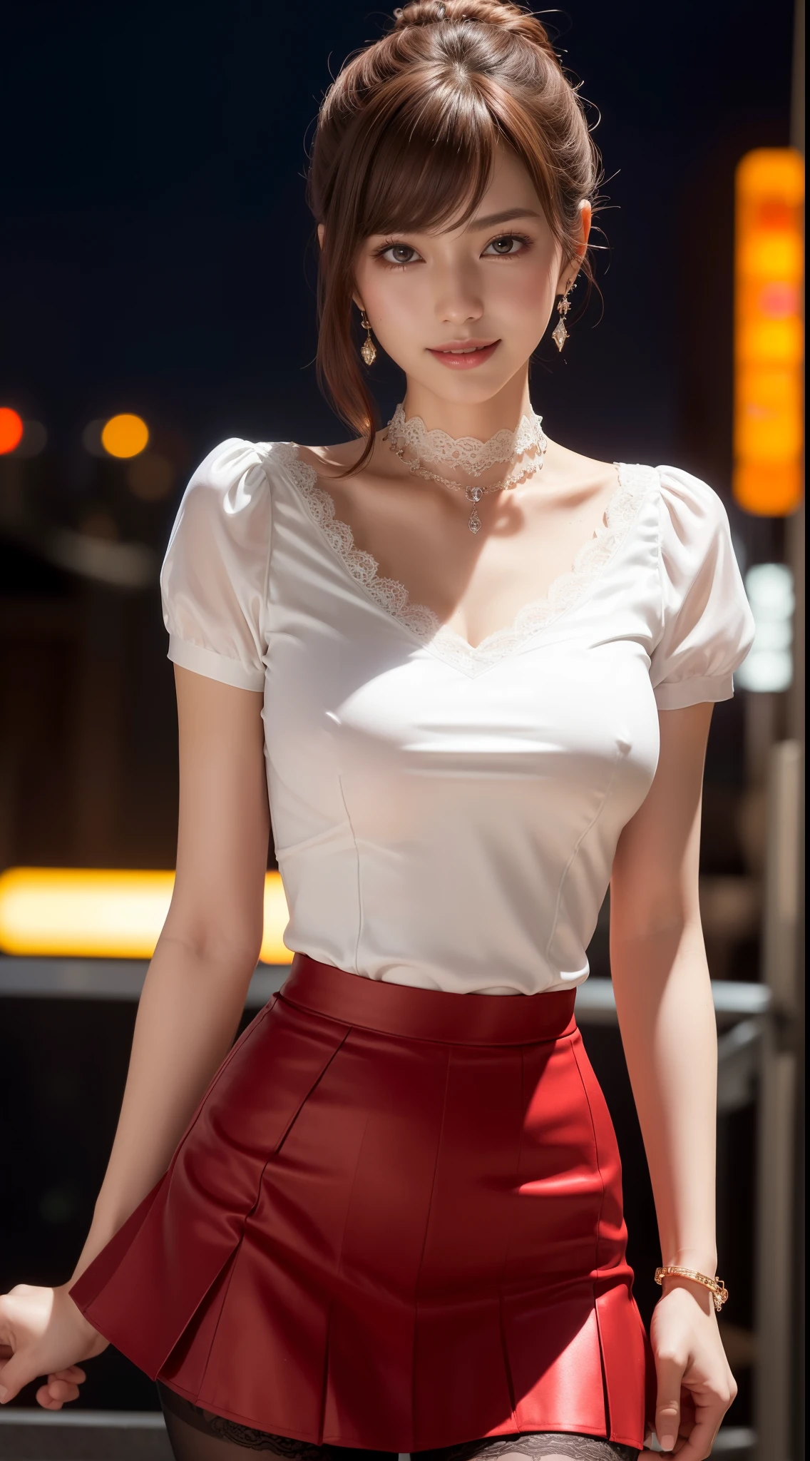 8k, masterpiece, RAW photo, best quality, photorealistic, extremely detailed CG unity 8k wallpaper, Depth of field, Cinematic Light, Lens Flare, Ray tracing, (extremely beautiful face, beautiful lips, beautiful eyes), intricate detail face, ((ultra detailed skin)) 1girl, in the dark, deep shadow, pretty Asian girl, idol, 1 girl, (very slim slender fit-muscled body:1.3), ((looking at viewer)),(big smile:1.3), (tight laced blouse), ((white color blouse)), (short sleeve) , (city night, dark night, (neon sign), (blurred background), dim lights, cityscape, rooftops, beautiful earrings, bracelets, necklace, pantyhose, clear eyes, (pale skin), (big eyes), face forward, ((upper body shot)), (silk red color skirt), (brown hairs),((laced skirt)), (looking at viewer:1.3), open breast, (very slim), medium breasts,((flooming laced)), updo hair, mini skirt, short hair, laced stockings