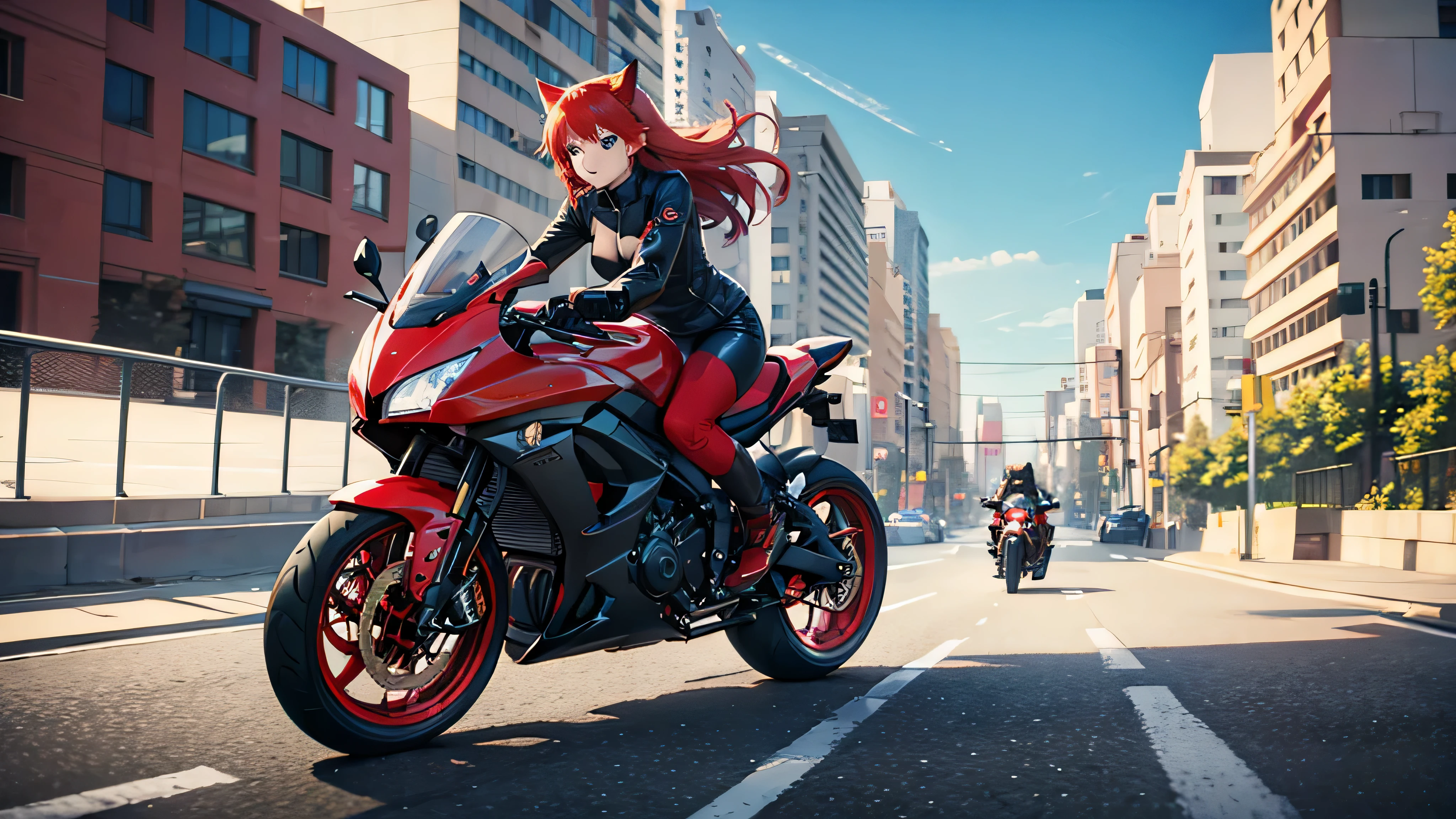 Red Hair Blue eyes cat girl riding a motorcycle